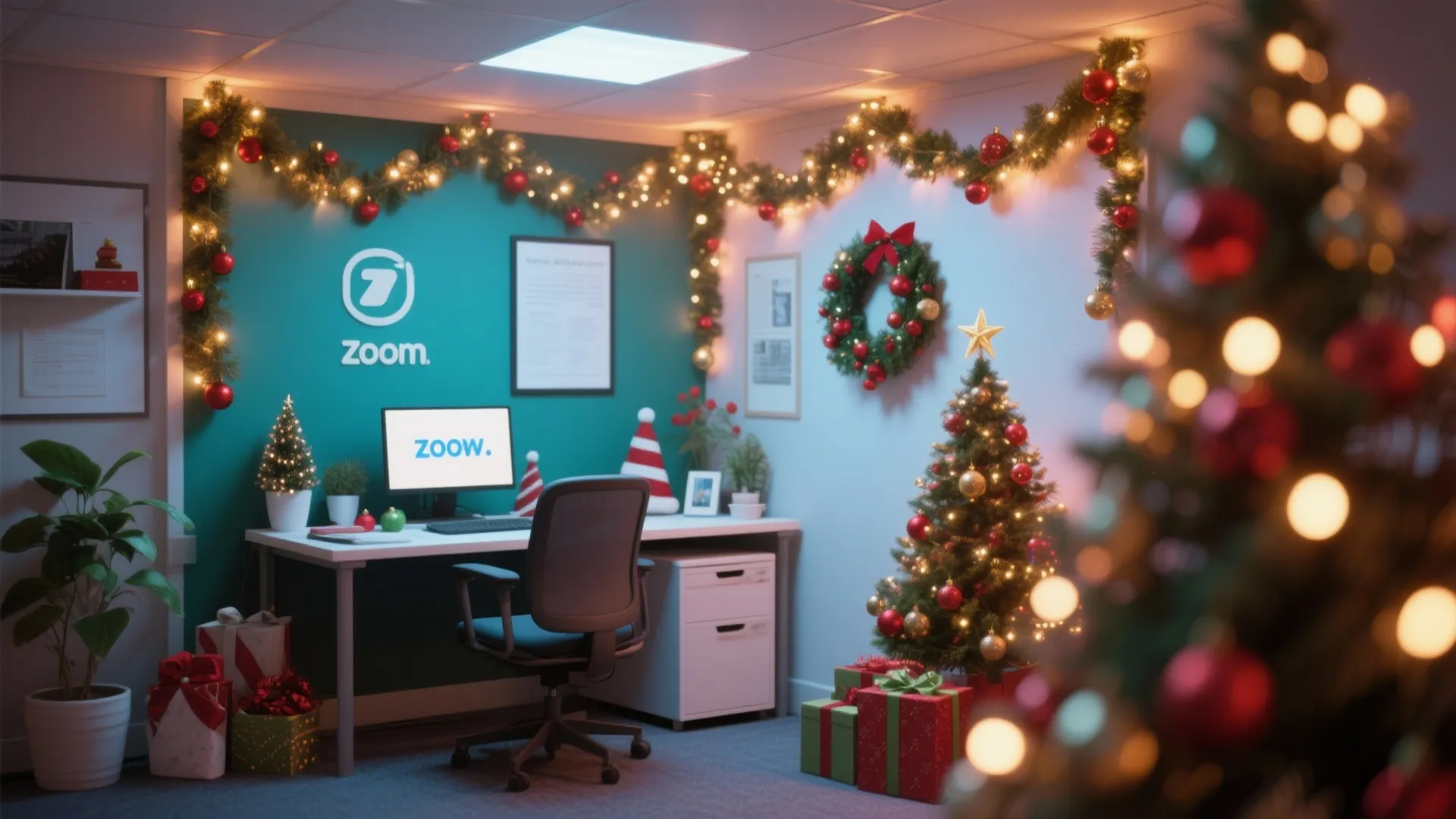 Office desk with computer surrounded by Christmas tree festive lights green wall and holiday decorations