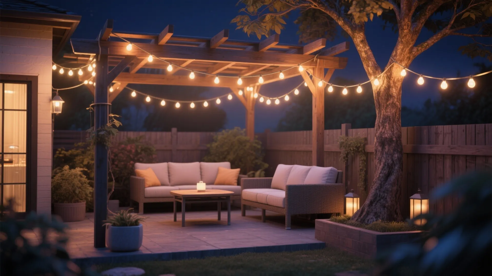 Outdoor patio at night featuring wooden pergola with string lights over comfortable grey outdoor sofas