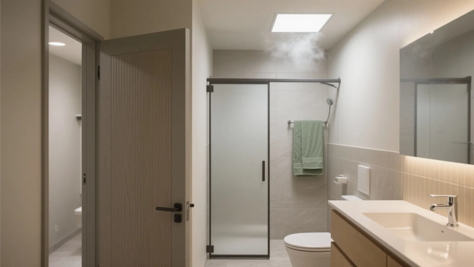 Modern bathroom interior design with open wooden door frosted glass shower white sink and steam