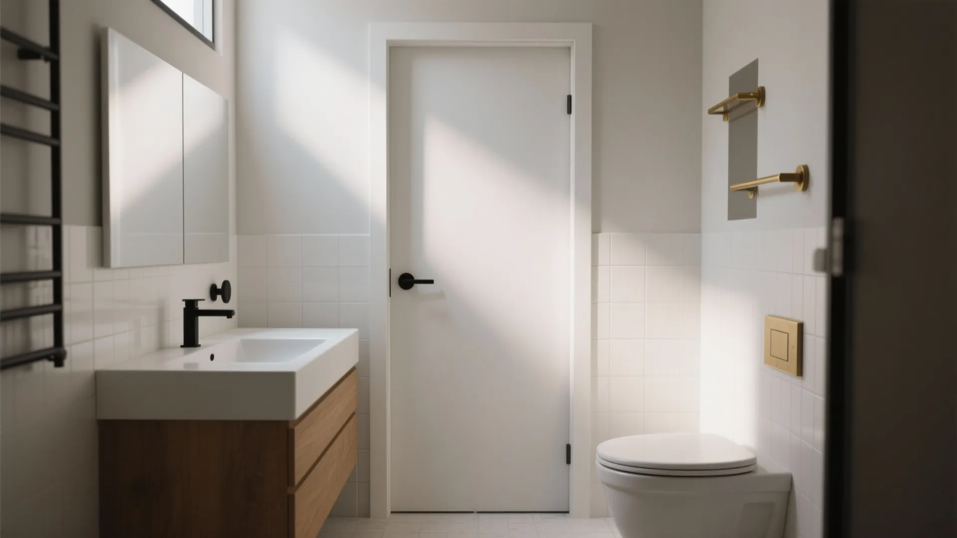 Minimalist white bathroom interior design with wooden cabinet sink toilet and simple black door handle