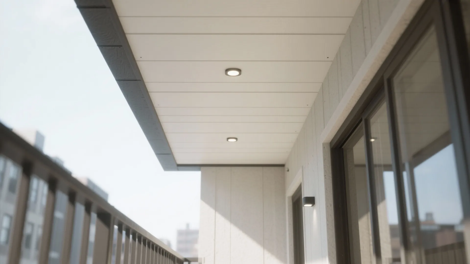 White balcony ceiling with two lights, textured wall panels, wall light, and sliding glass door