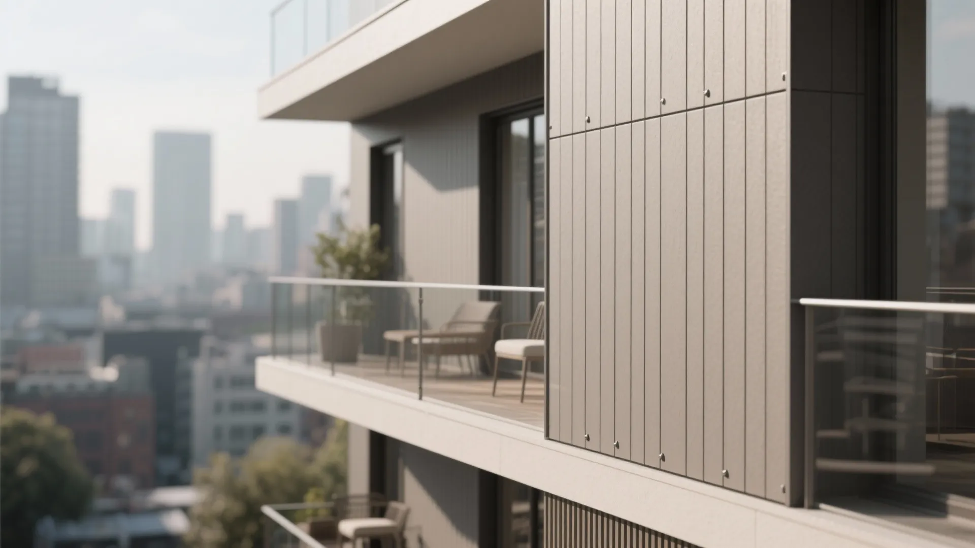 Balcony facade with vertical ribbed fiber-cement panels and a slim handrail.