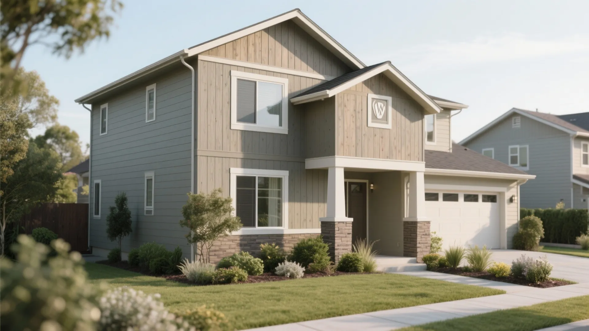 Two-story suburban house with grey siding, wooden wall panels, green lawn, and white garage door