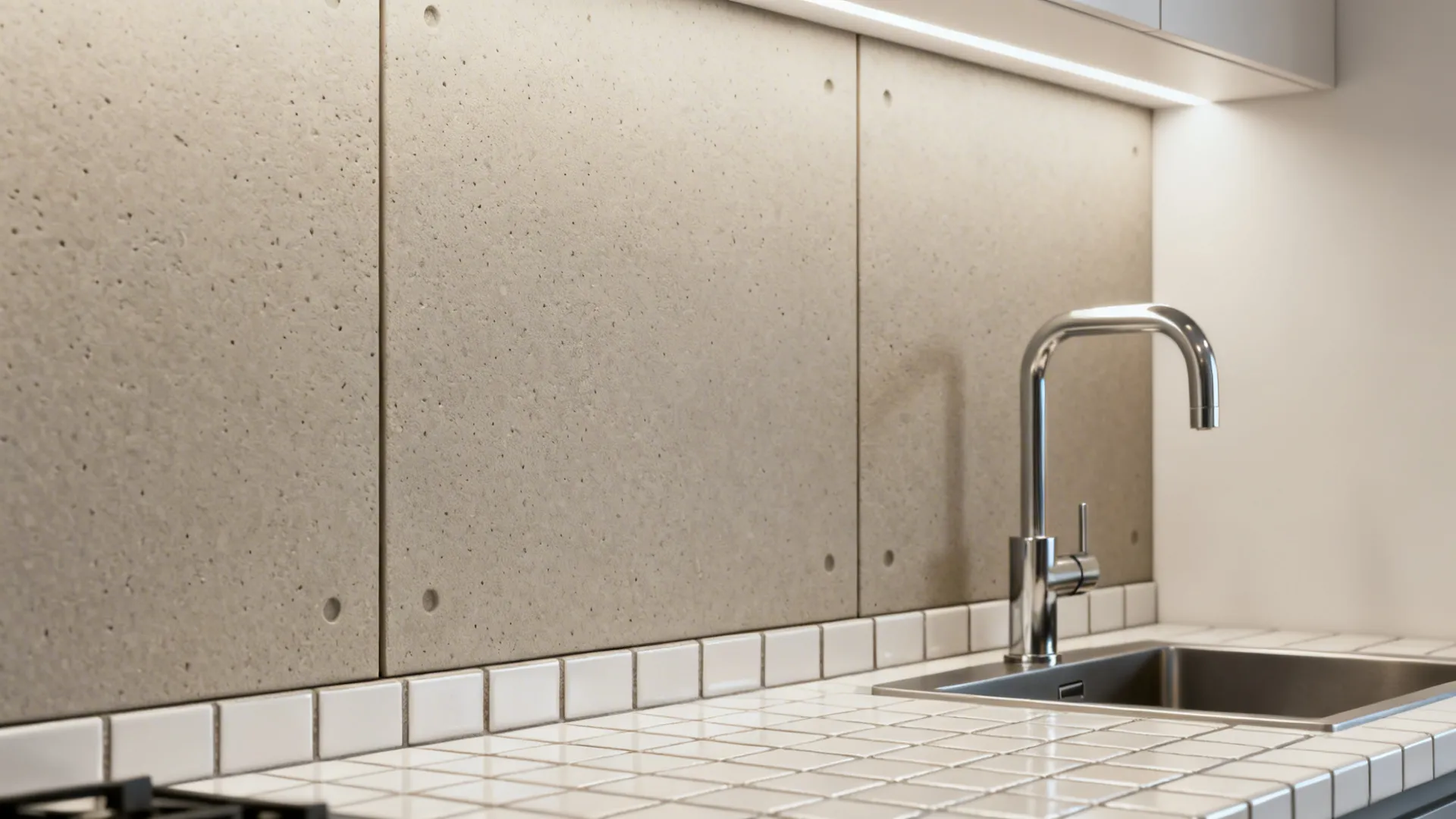 Small kitchen backsplash featuring fiber cement panels and stainless fixtures.