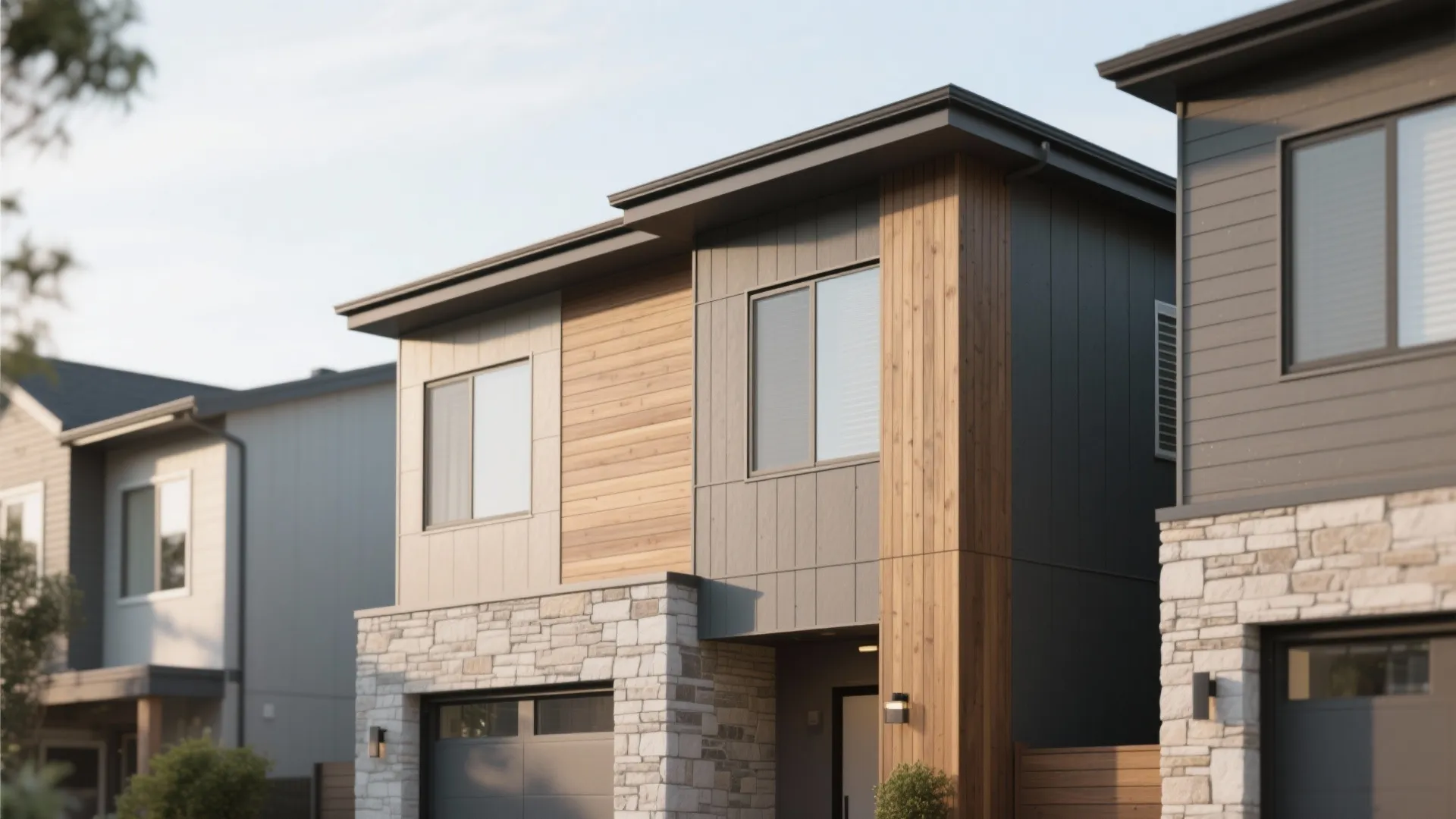 Modern townhouse facade featuring fiber cement board cladding