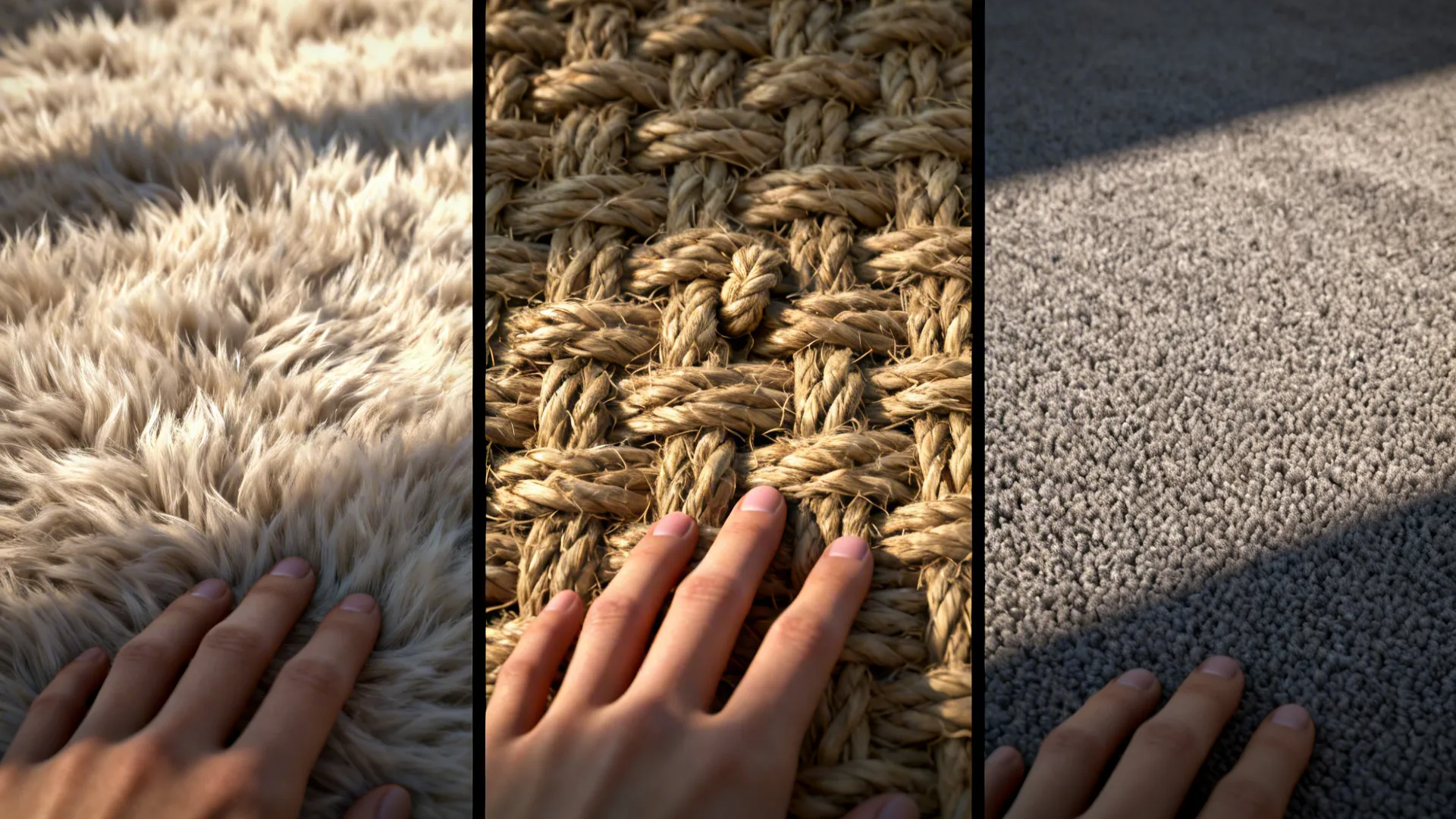Close-up of wool, jute, and polypropylene rug fibers to compare texture and durability.