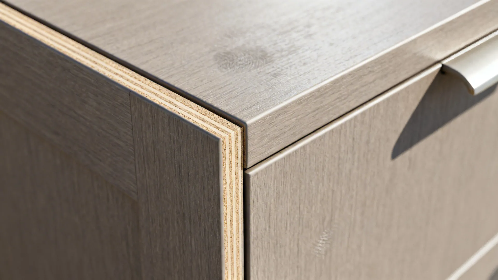 Macro of matte laminate fiber door with matching edge-banding and tight reveal.