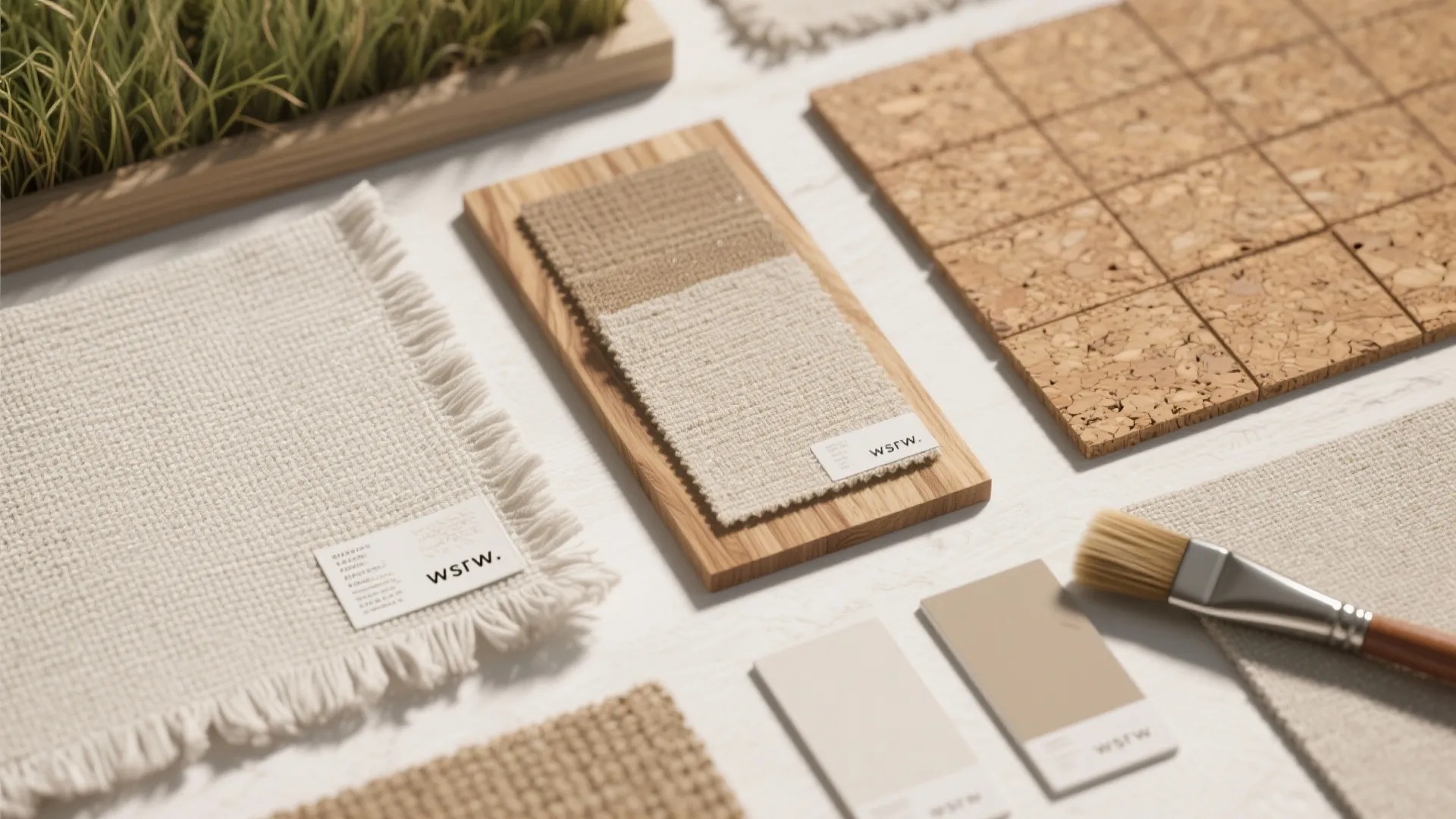 Interior design material board featuring fabric samples cork tiles paint color swatches and a brush