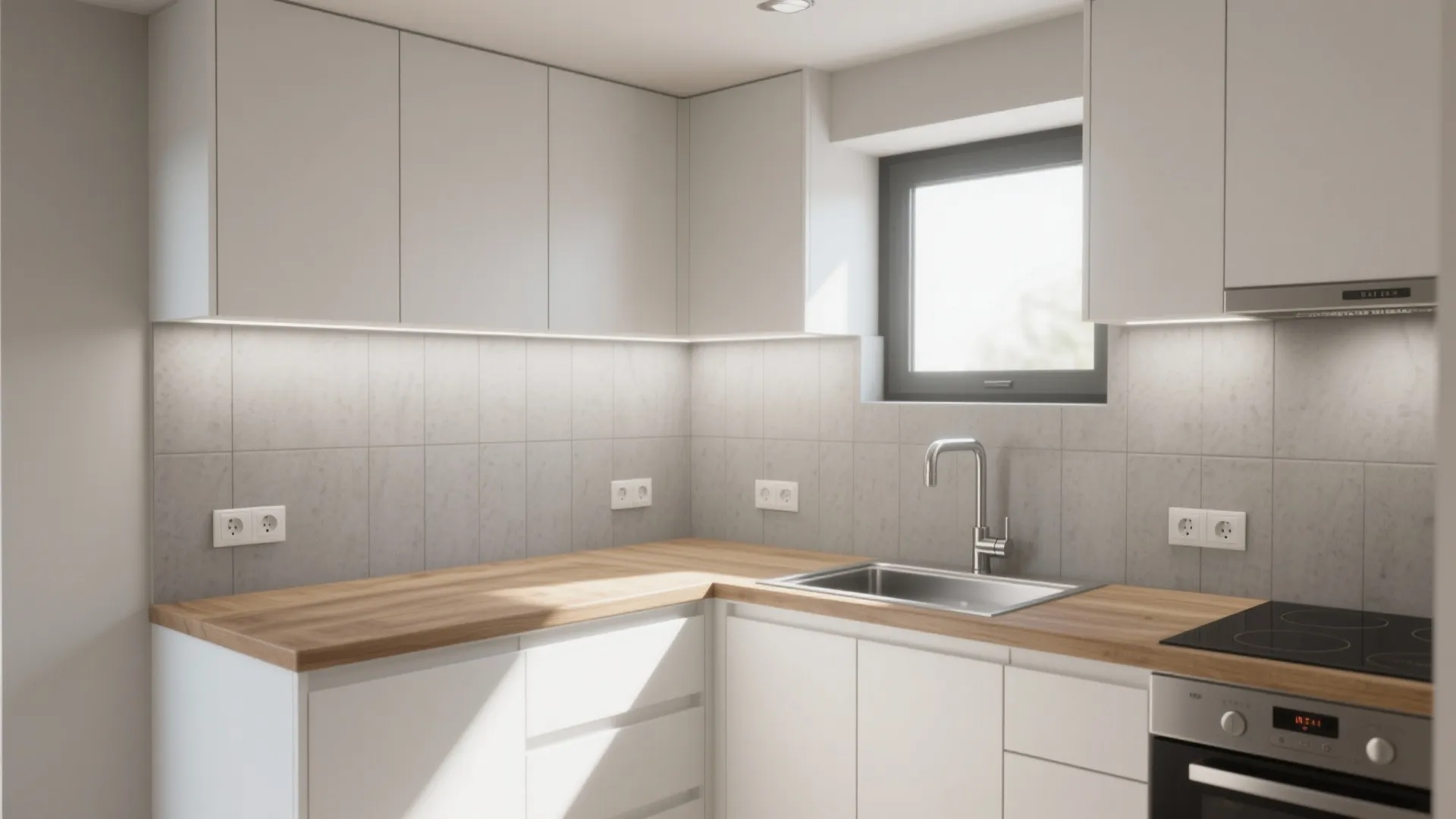 Moisture-Resistant Fiber Sheet Backsplash in a Tiny Kitchen