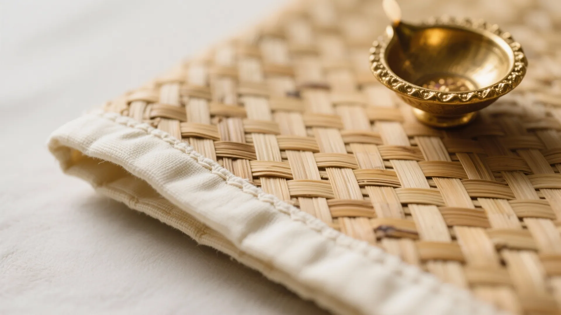 Macro detail of bamboo weave and cream liner with a soft brass diya rim in focus.