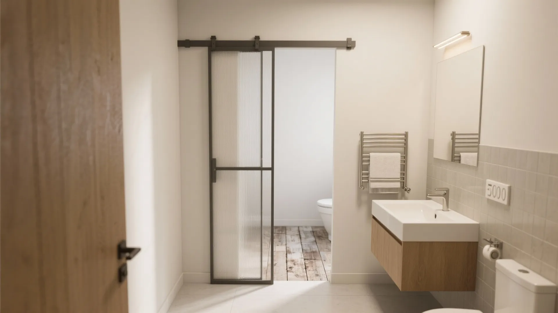Modern bathroom interior featuring a sliding glass door with black frame and a wood cabinet