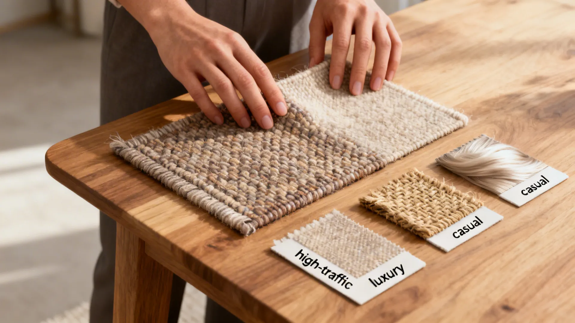 Rug fiber samples for wool, synthetic, jute and silk laid out with lifestyle notes