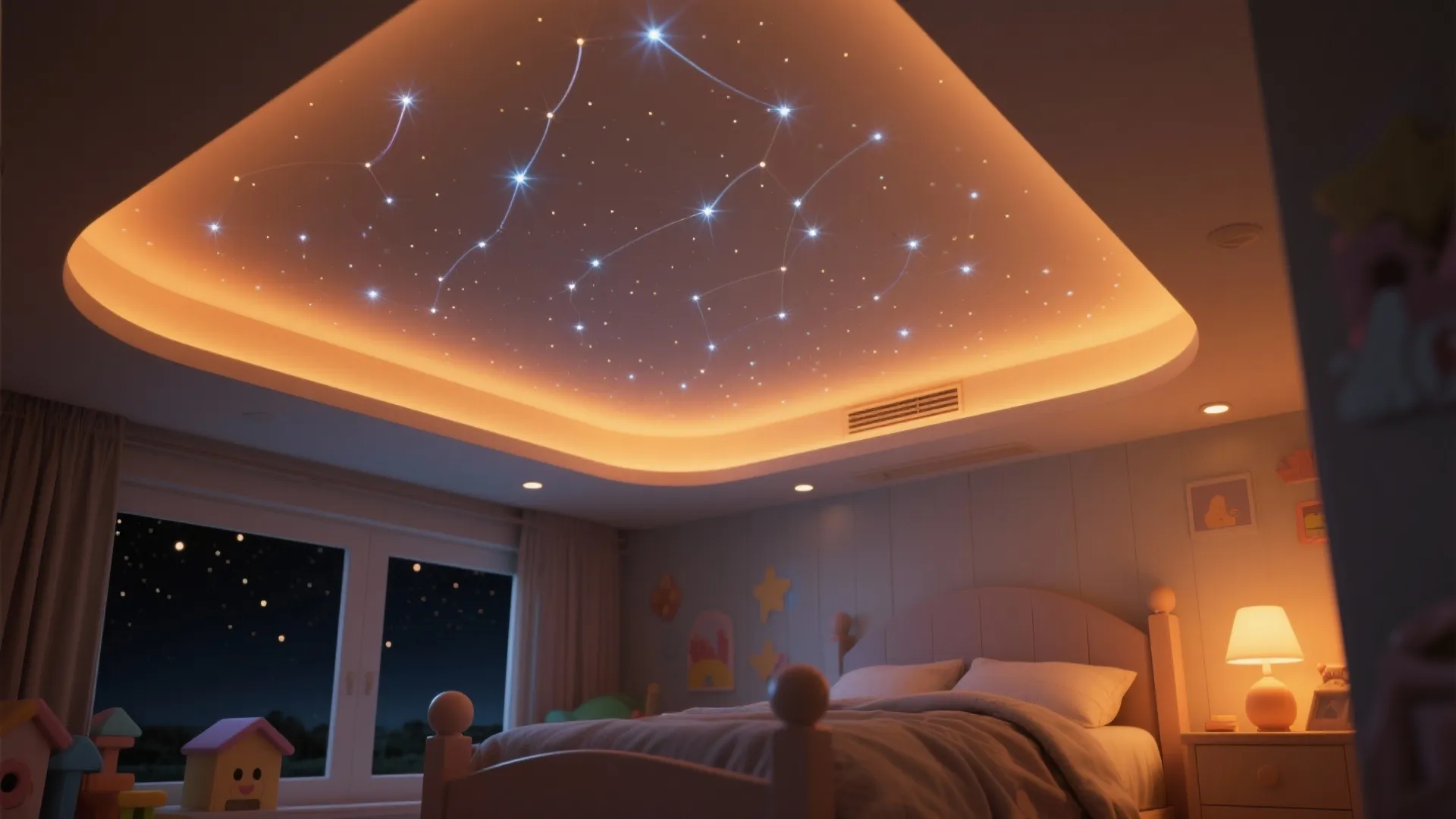Kids bedroom with a glowing star pattern on the ceiling warm lighting and a cozy bed