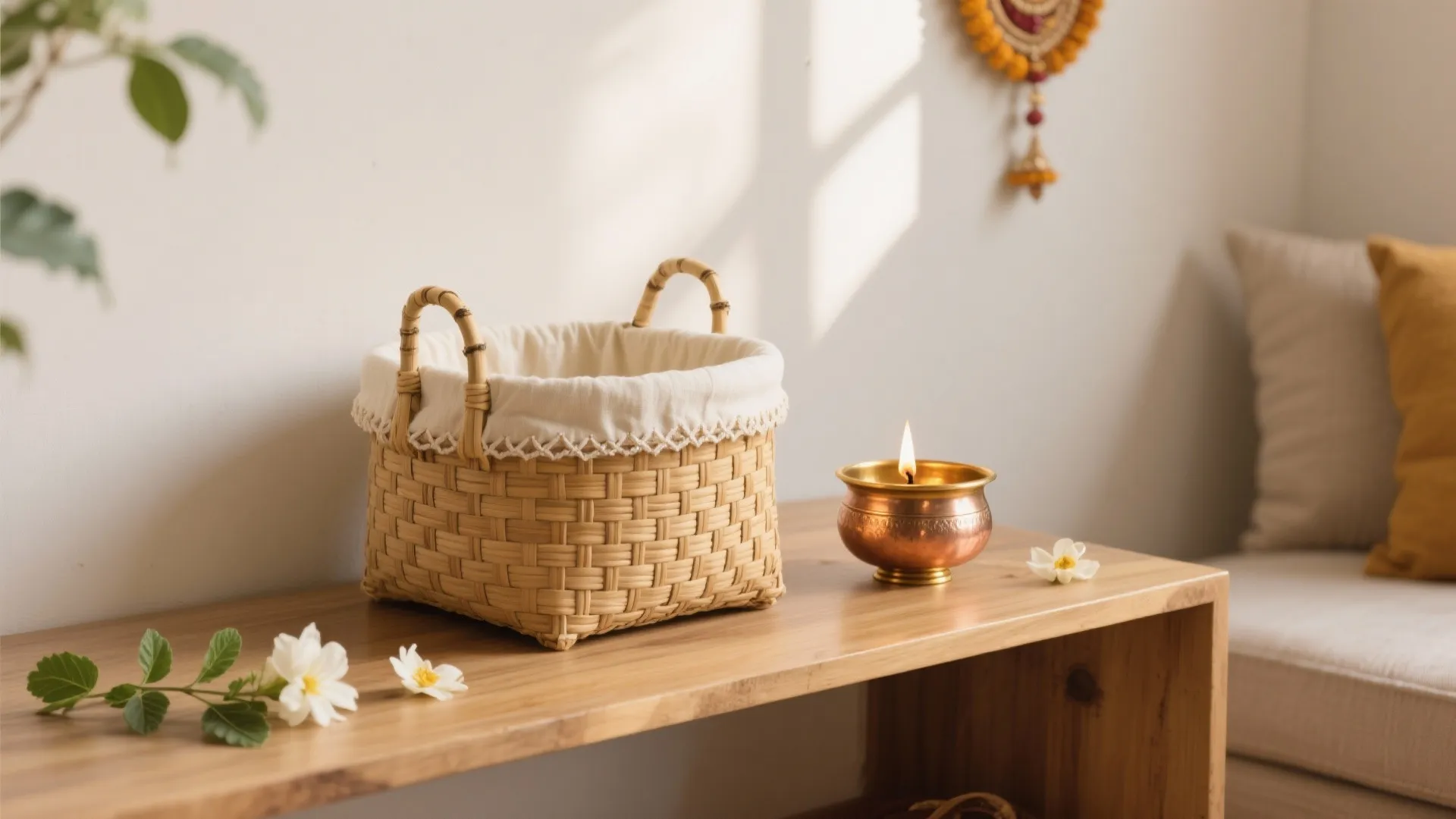 Natural rattan pooja koodai with cream liner beside brass diya and copper lota in a bright living room corner.