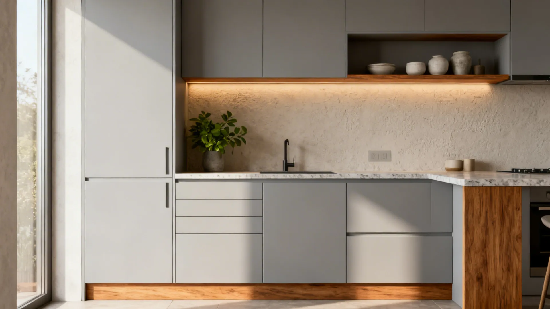 Matte fiber cabinets paired with oak shelf, toekick, and end panel in a modern kitchen.