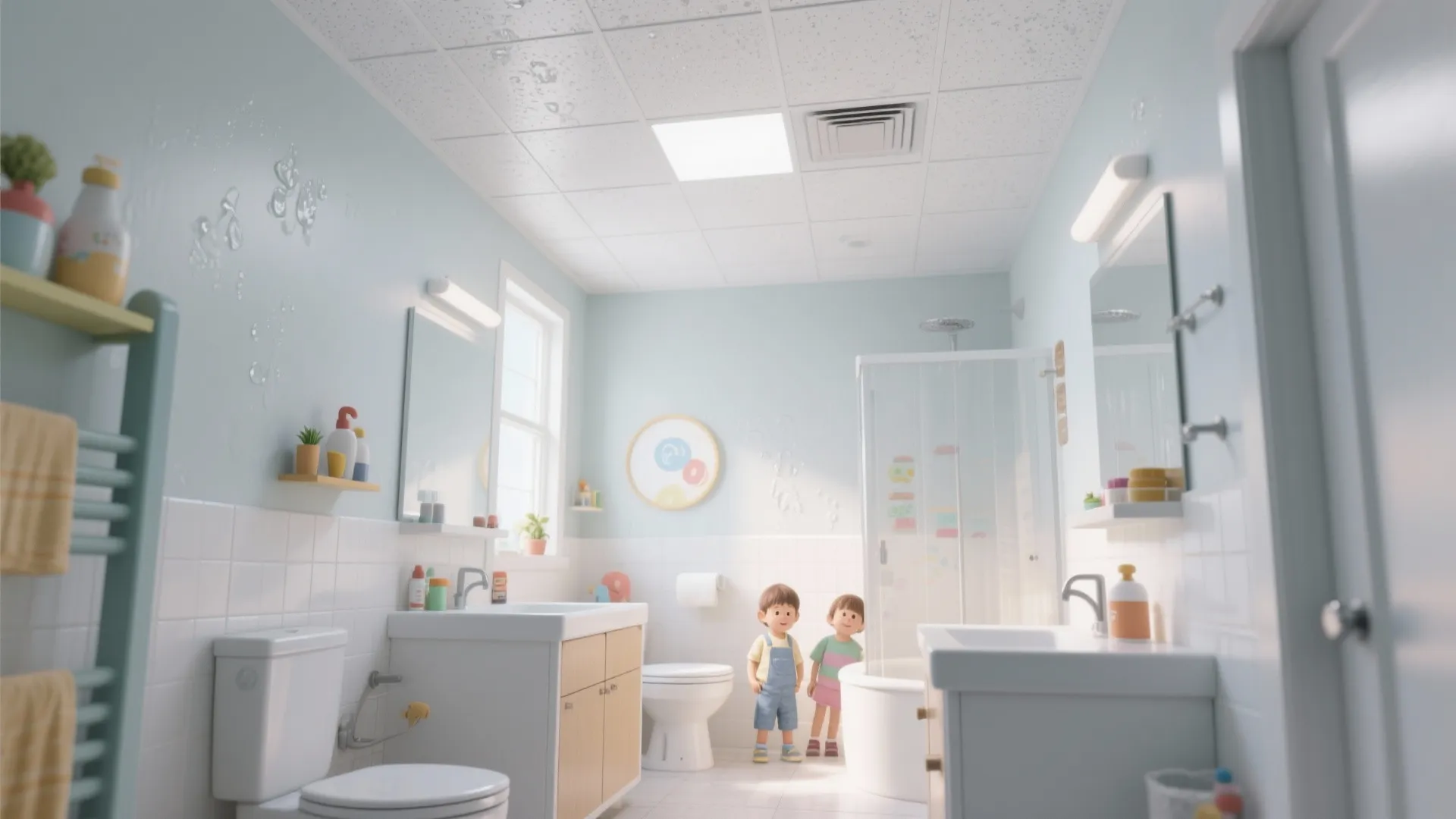 Light blue bathroom with white ceiling tiles two sinks wood cabinets and small cartoon kids
