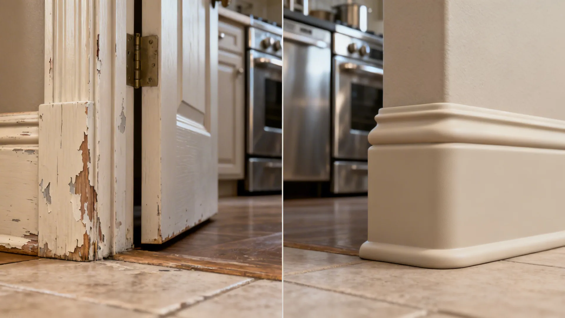 Before-and-after comparison of scuffed wood casing versus clean fiberglass-clad jambs at a kitchen entry.