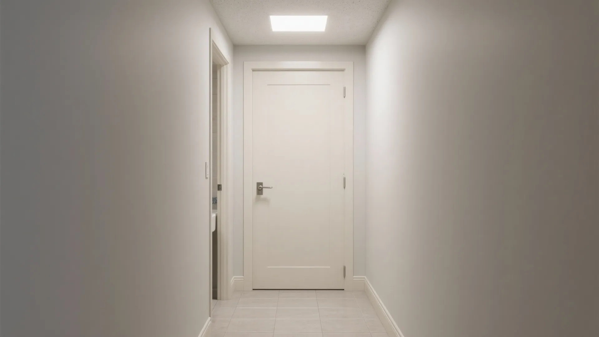 Clean white hallway with simple interior door under square ceiling light and light grey floor