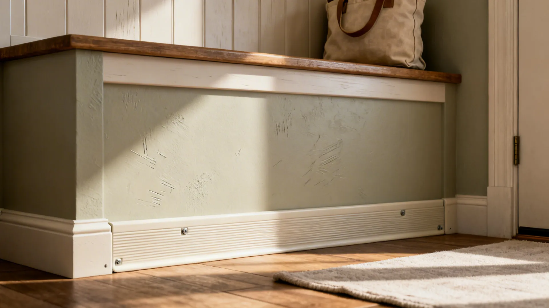 Close-up of a brushed fiberglass kick plate protecting a compact mud-bench at a kitchen entry.