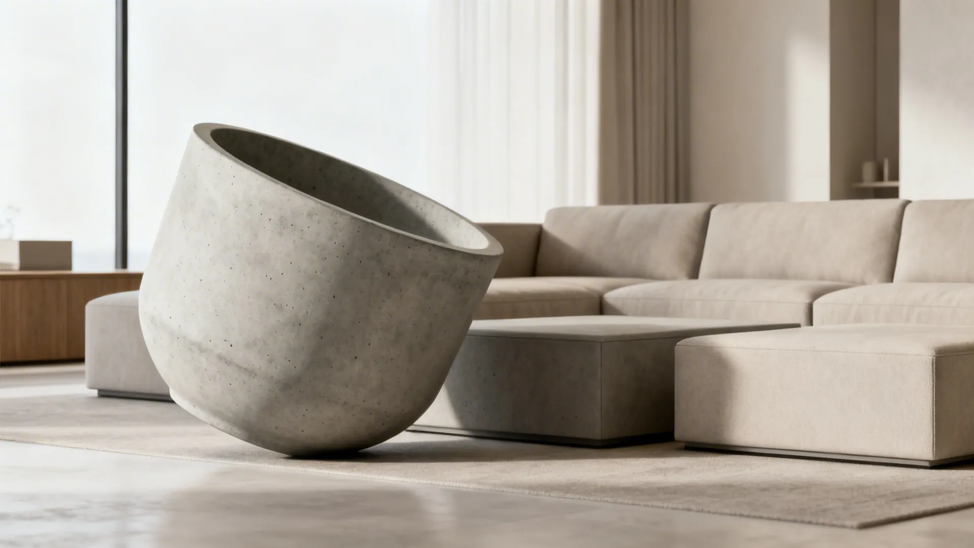 Large grey concrete pot tilted on its side in a modern living room with beige sofa