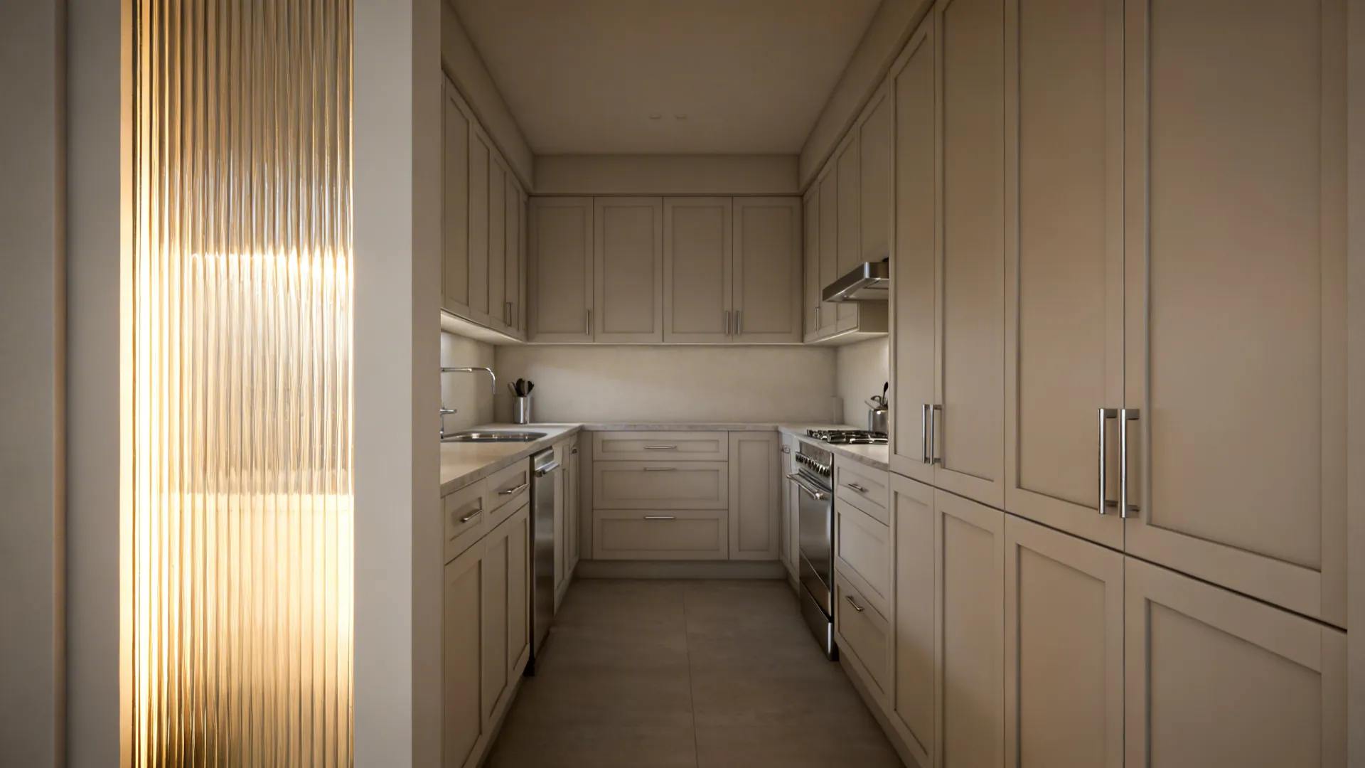 Slim fiberglass side panel with reeded glass insert softly lighting a narrow galley kitchen entry.