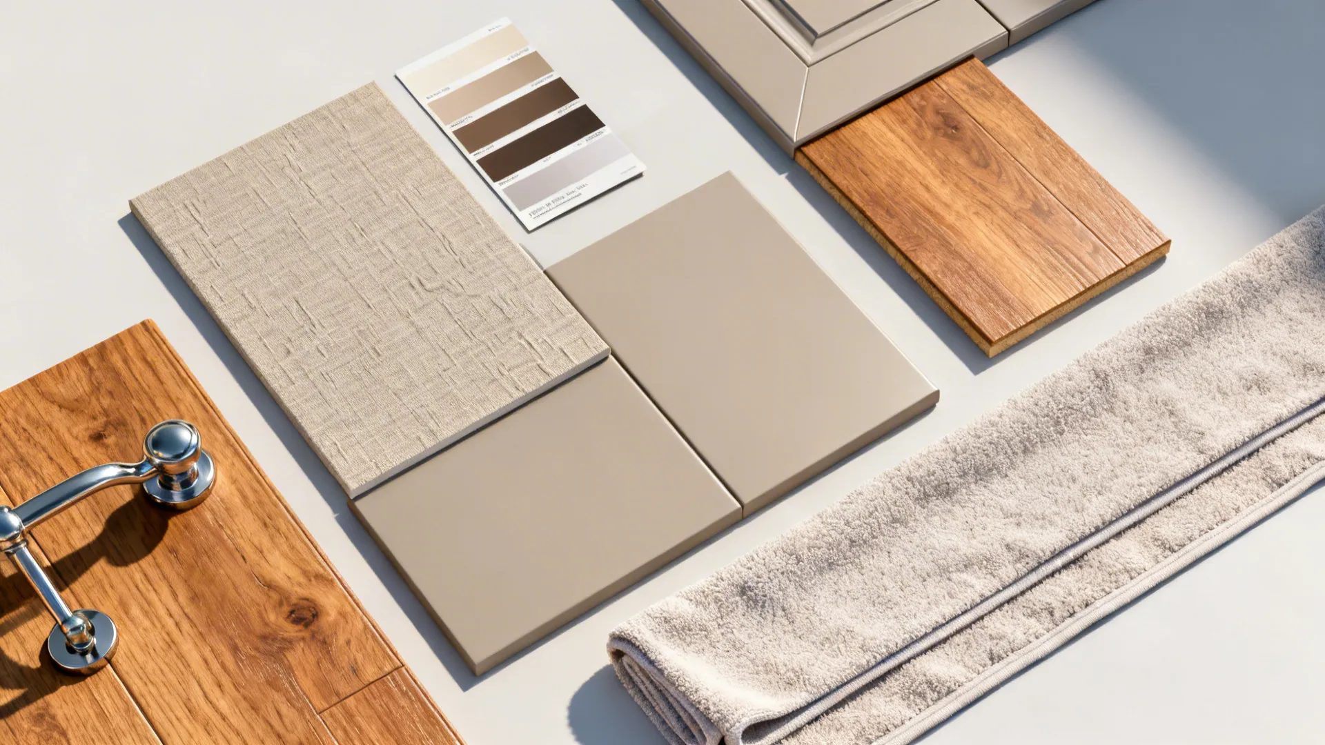 Top-down flat lay of linen-embossed fiberglass with cabinet, flooring, hardware, and runner samples.