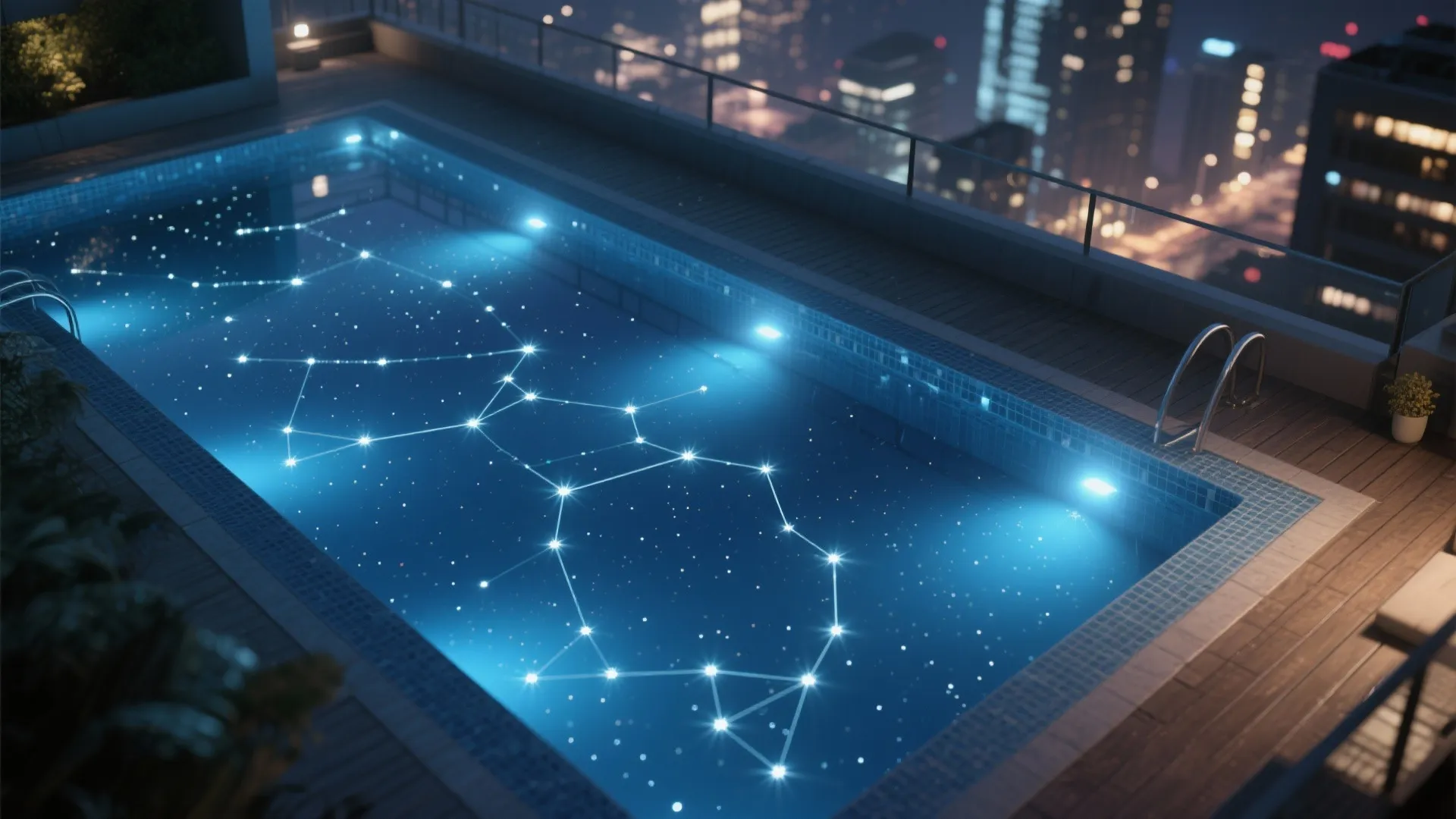 Rooftop swimming pool at night featuring star constellation light patterns on the blue tiled floor