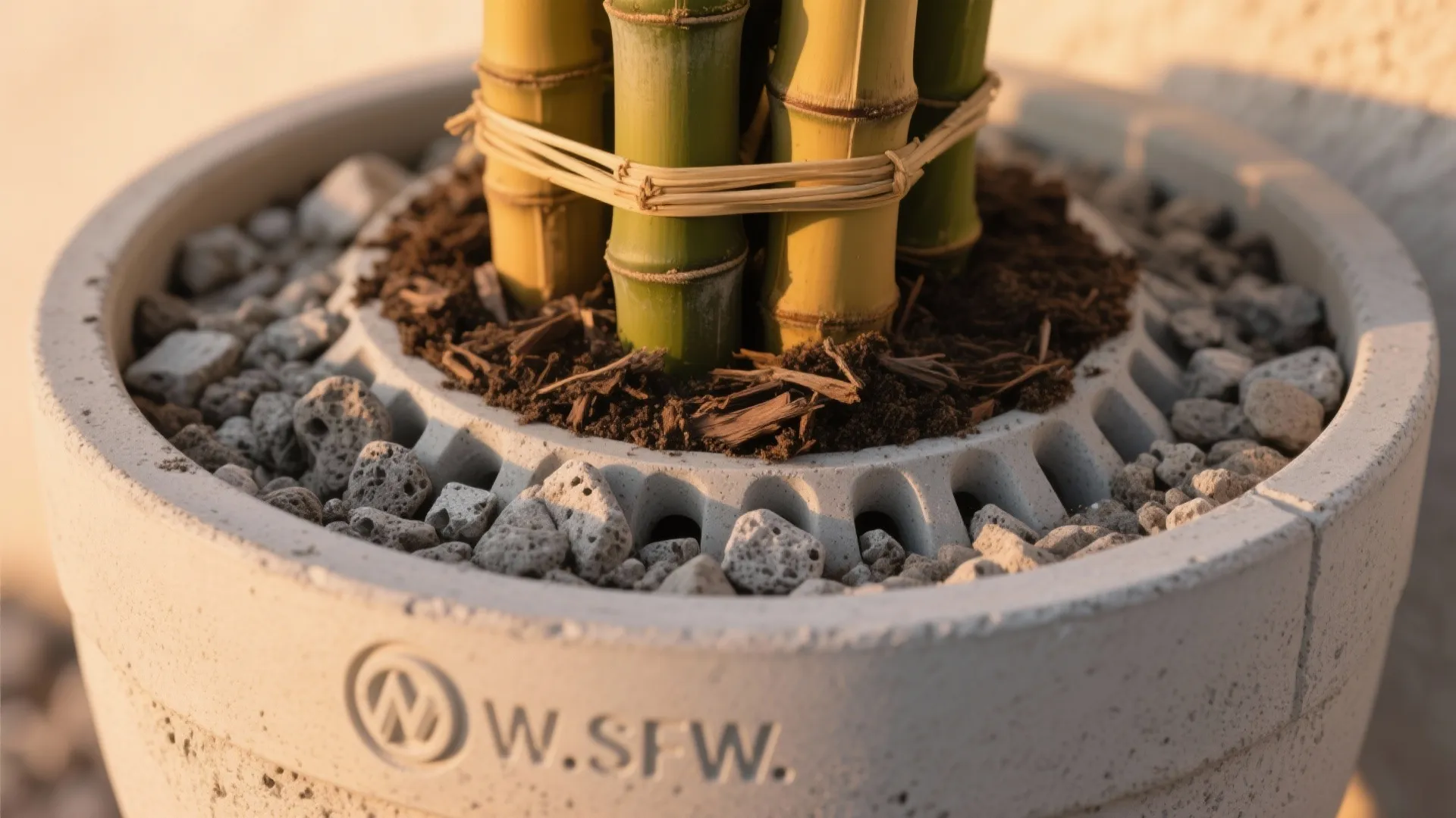 Macro of a fiberstone planter on pot feet with lightweight pumice mix and bamboo stems.