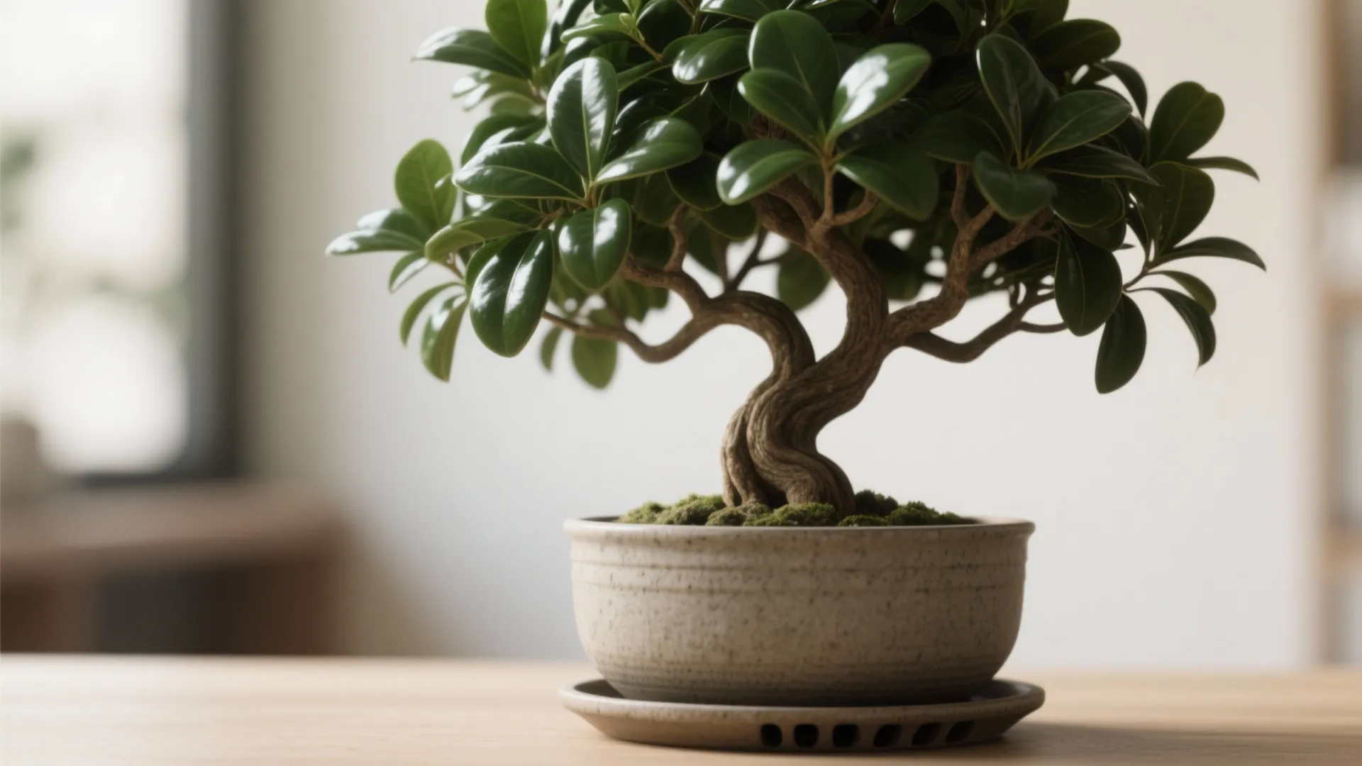 Close up of a small green tree in a ceramic pot on a wooden table top