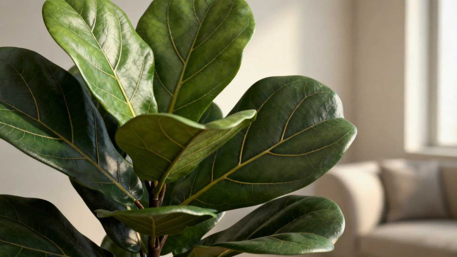 Close-up of a realistic artificial fiddle leaf fig leaf showcasing matte texture and veins