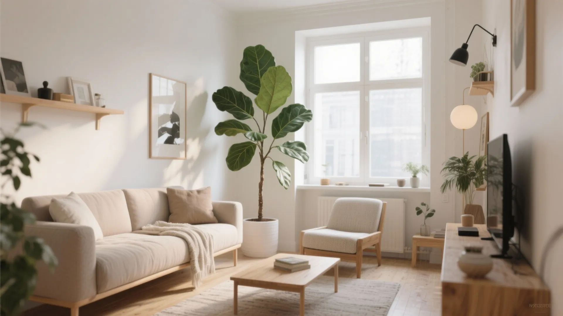 Fiddle leaf fig in the corner of a cozy studio living room