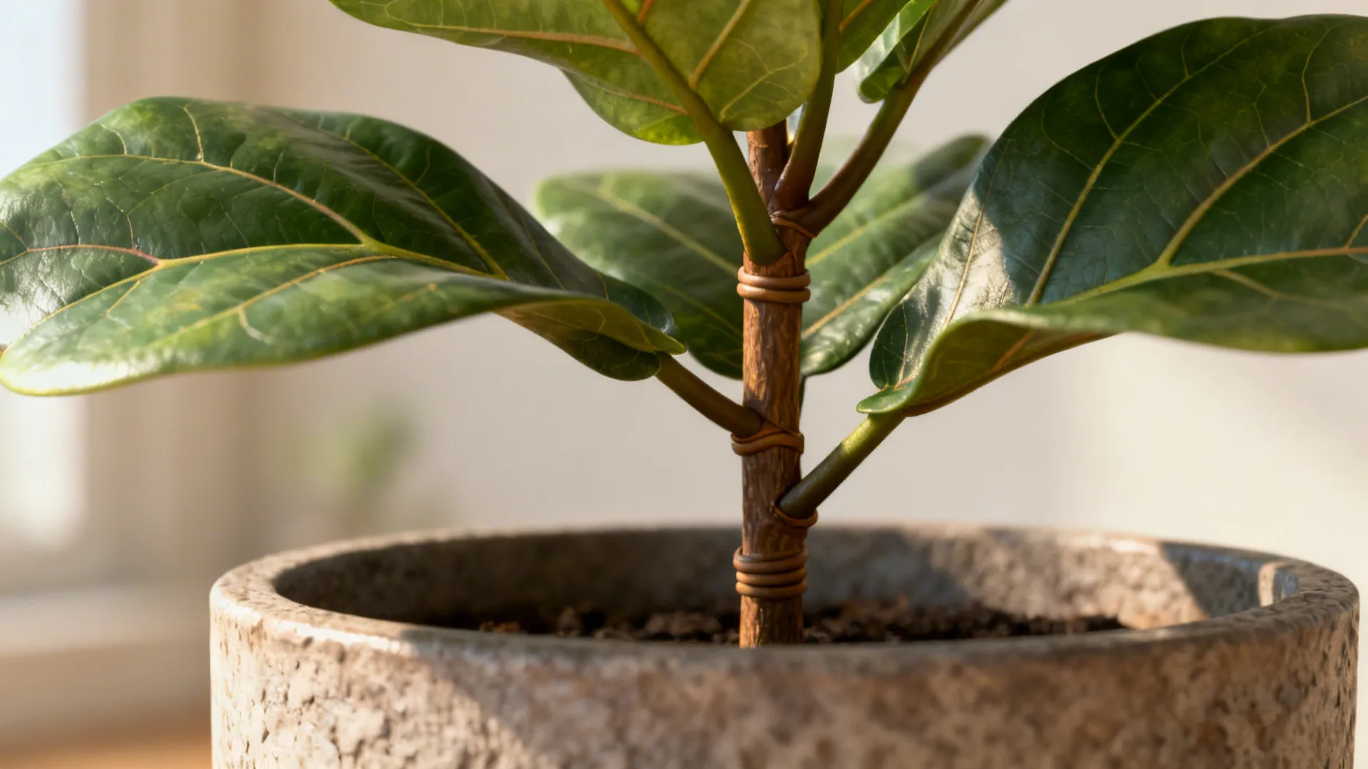 Close up of large green leaves on a plant stem growing inside a grey stone pot