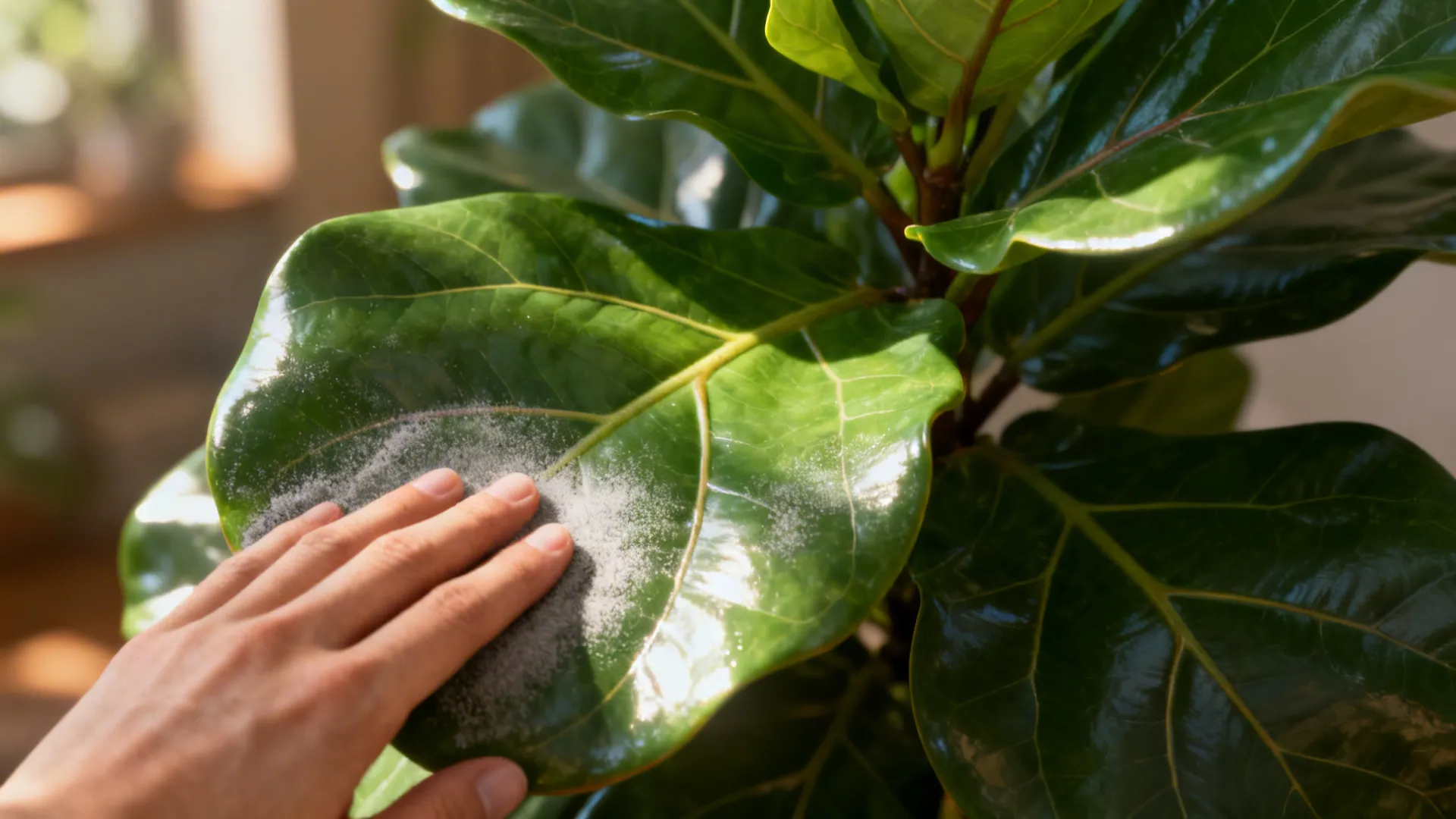 Close-up of glossy fiddle leaf fig leaves being dusted in soft daylight.