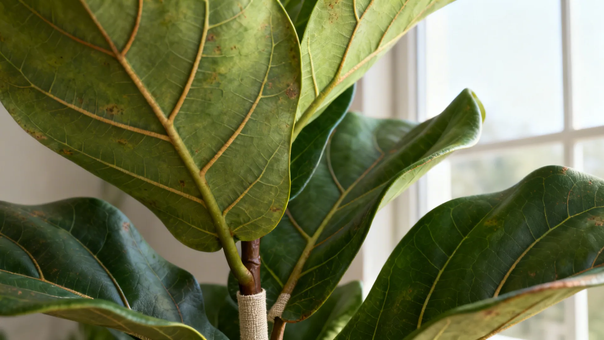 Macro detail of realistic faux fiddle leaf fig leaves with natural-looking texture