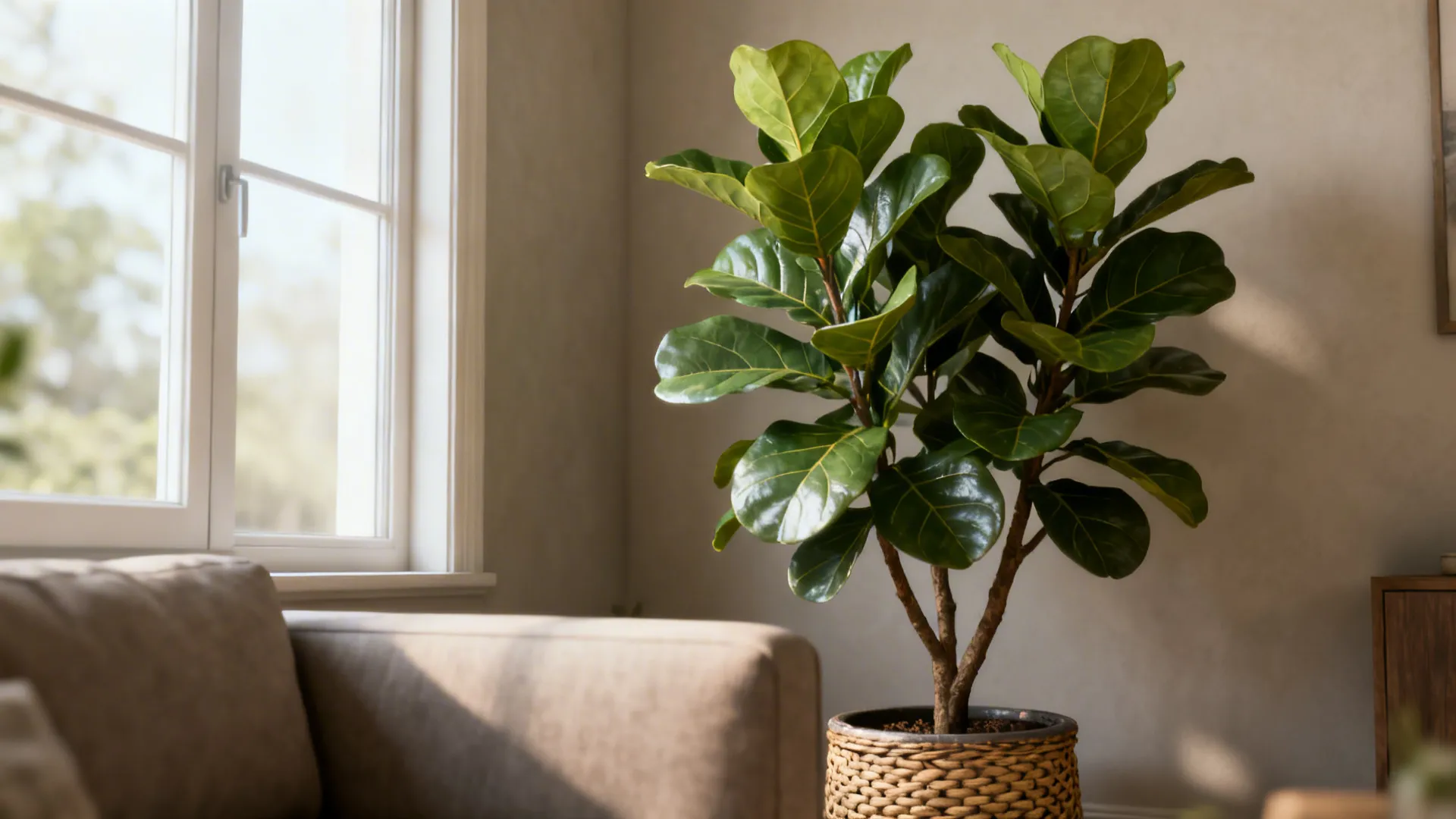 Faux fiddle leaf fig behind a sofa with layered branches and a textured weighted pot