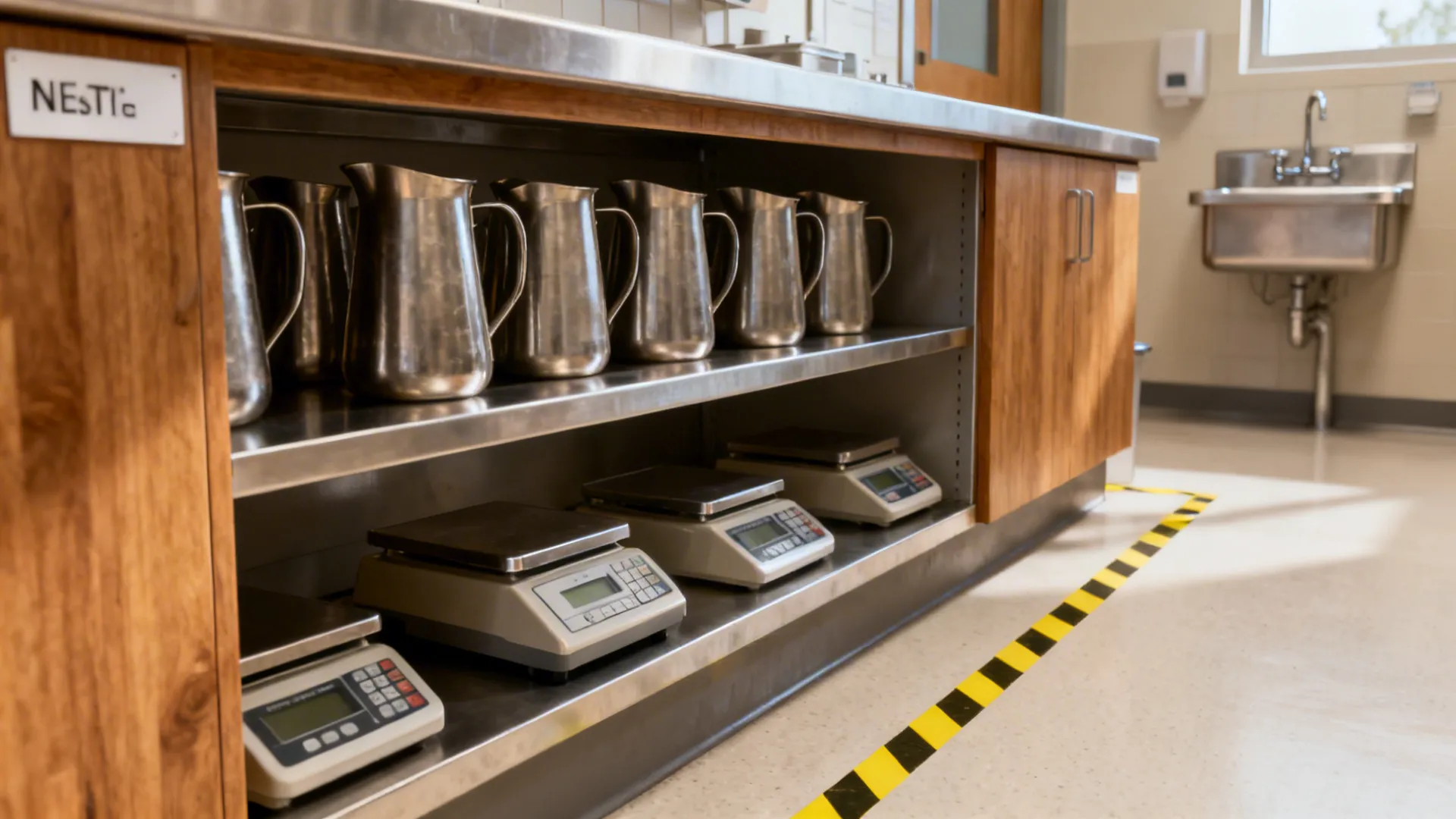 Macro view of organized cafe shelf with pitchers and scales and floor tape marking the workflow path.