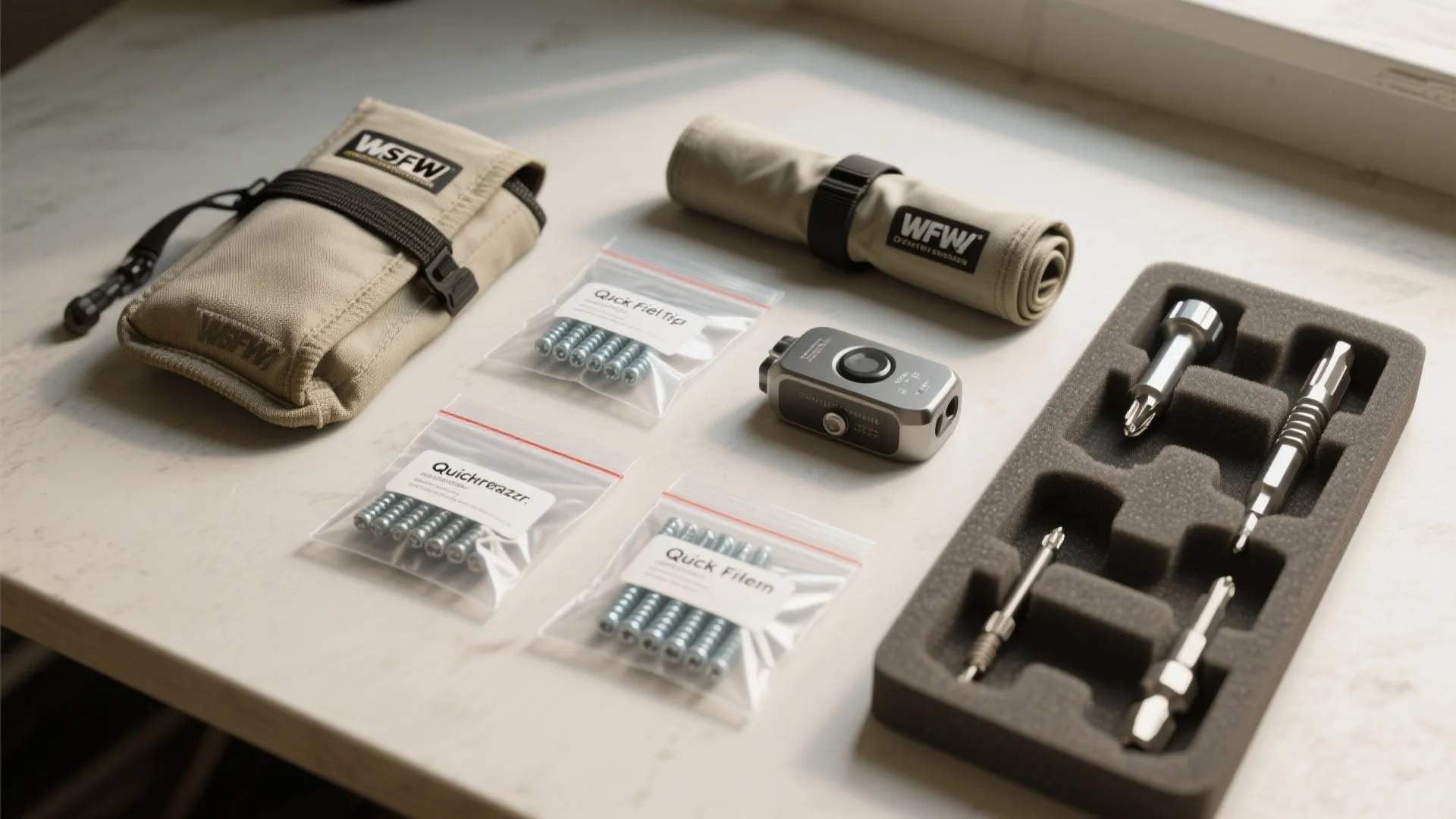 Flatlay of magnetized bits, labeled zip bags, and a roll-up pouch for tool organization