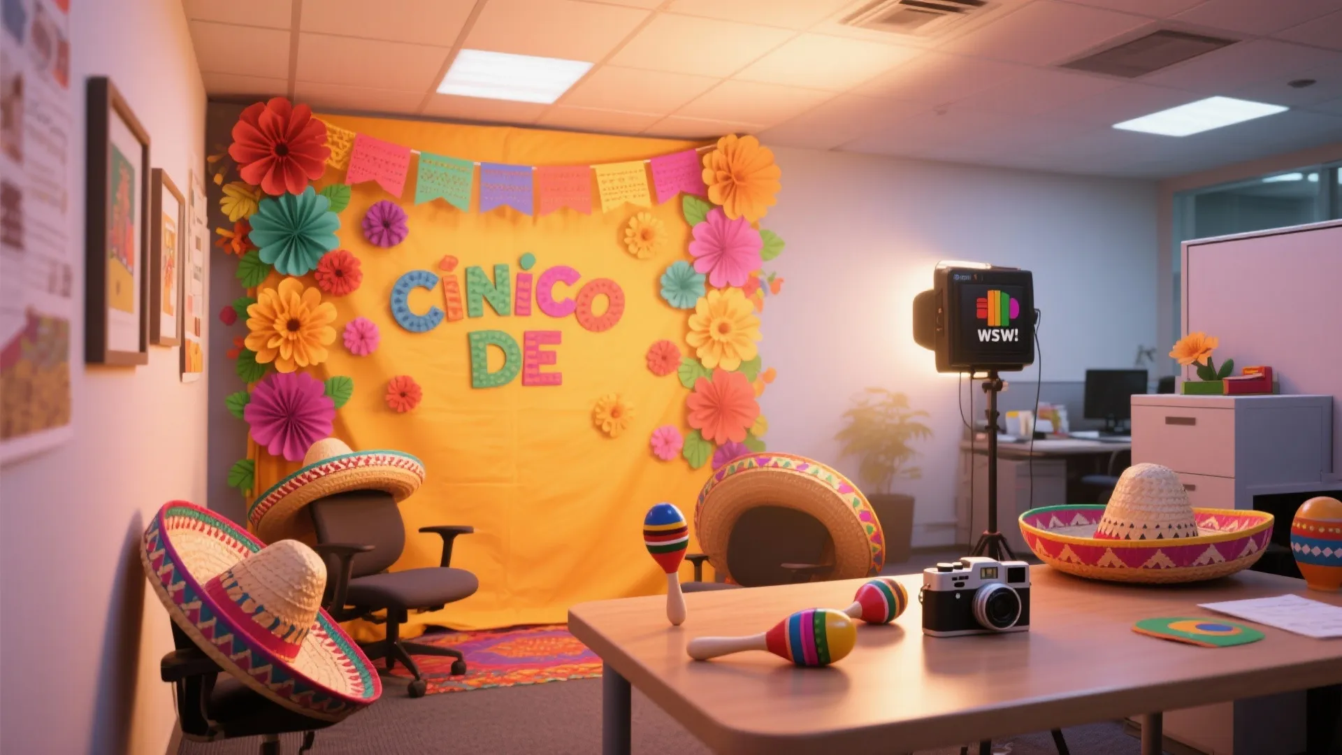Office photo booth with yellow background and colorful paper flowers and straw hats and camera