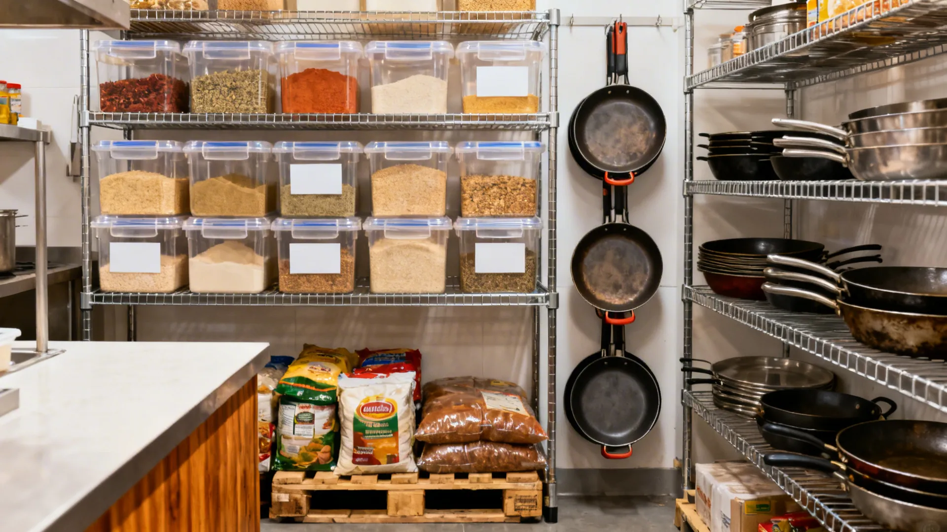 FIFO dry storage with clear sealed bins, wire shelves, and vertical racks for tawas and kadais.