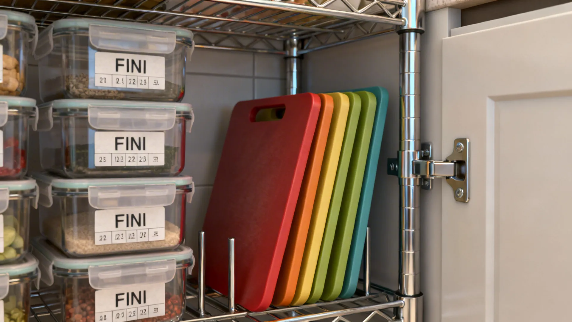 Close-up of FIFO-labeled containers and color-coded boards on vertical shelving.