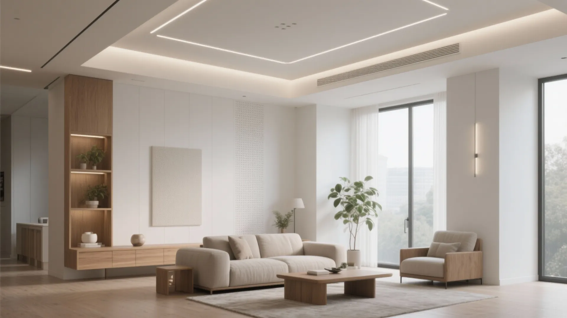 Modern bright living room with white sofa wooden coffee table wall panel and ceiling light