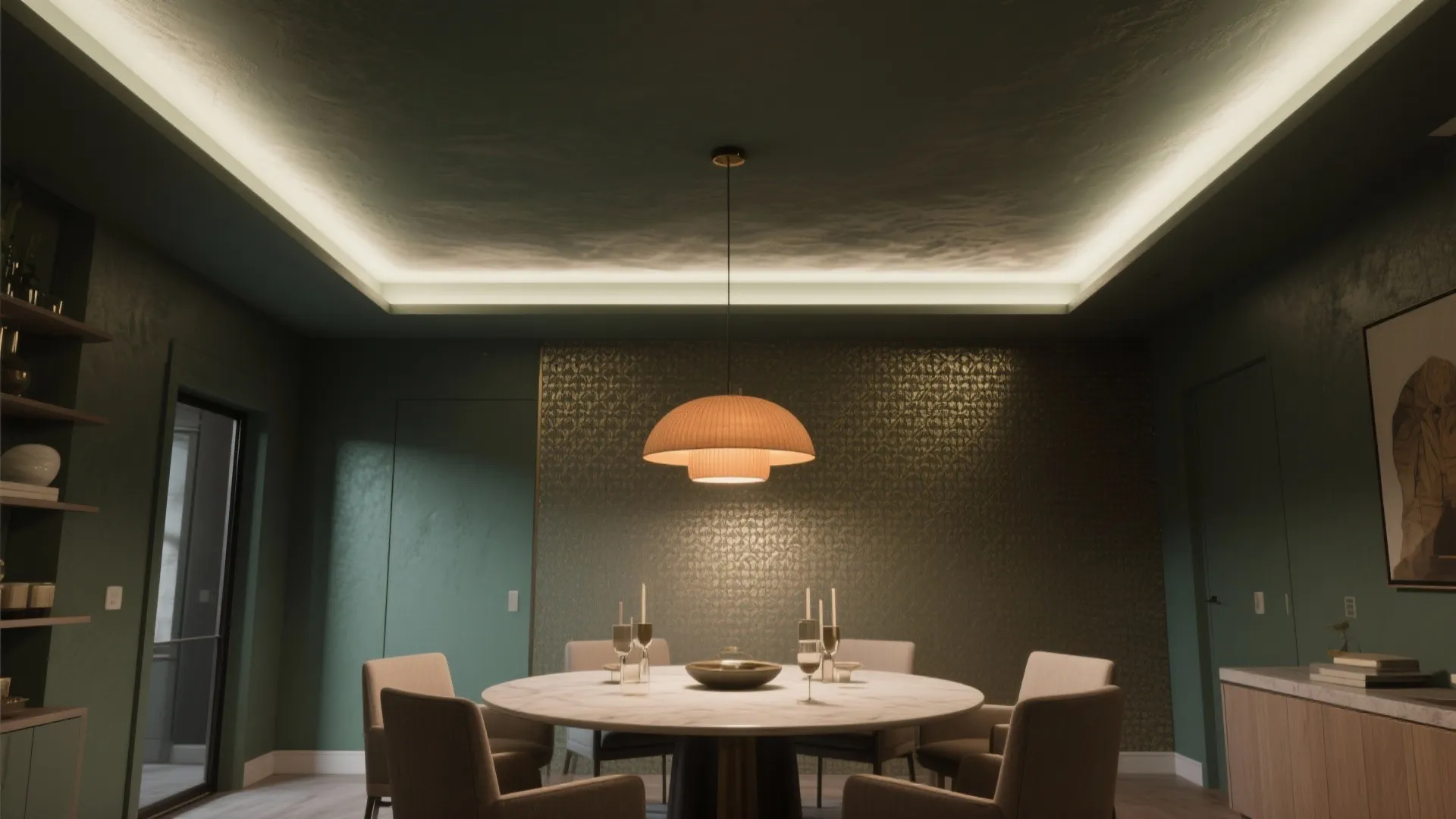 Dining room featuring green walls textured wallpaper round marble table and warm overhead ceiling light