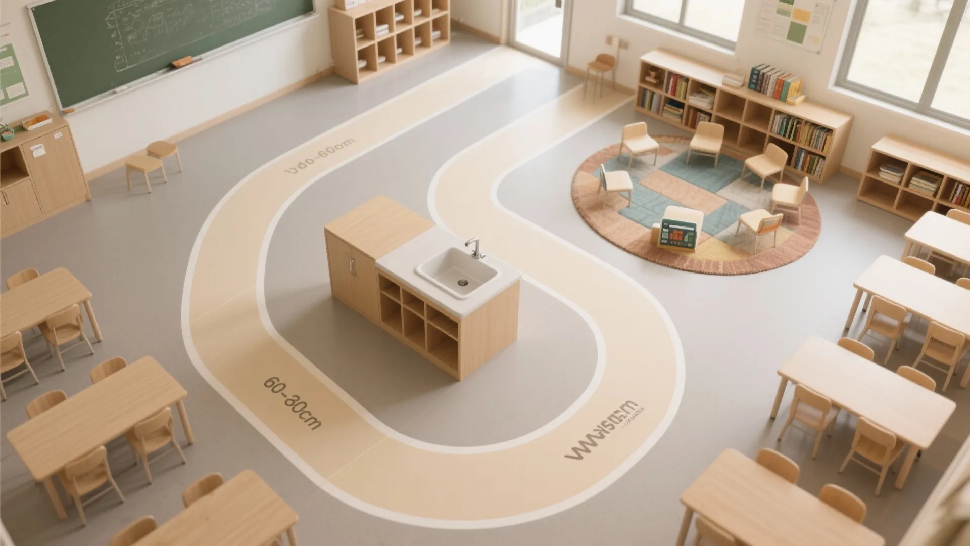 Classroom interior design drawing showing room layout with wooden desks chairs sink and curved floor markings