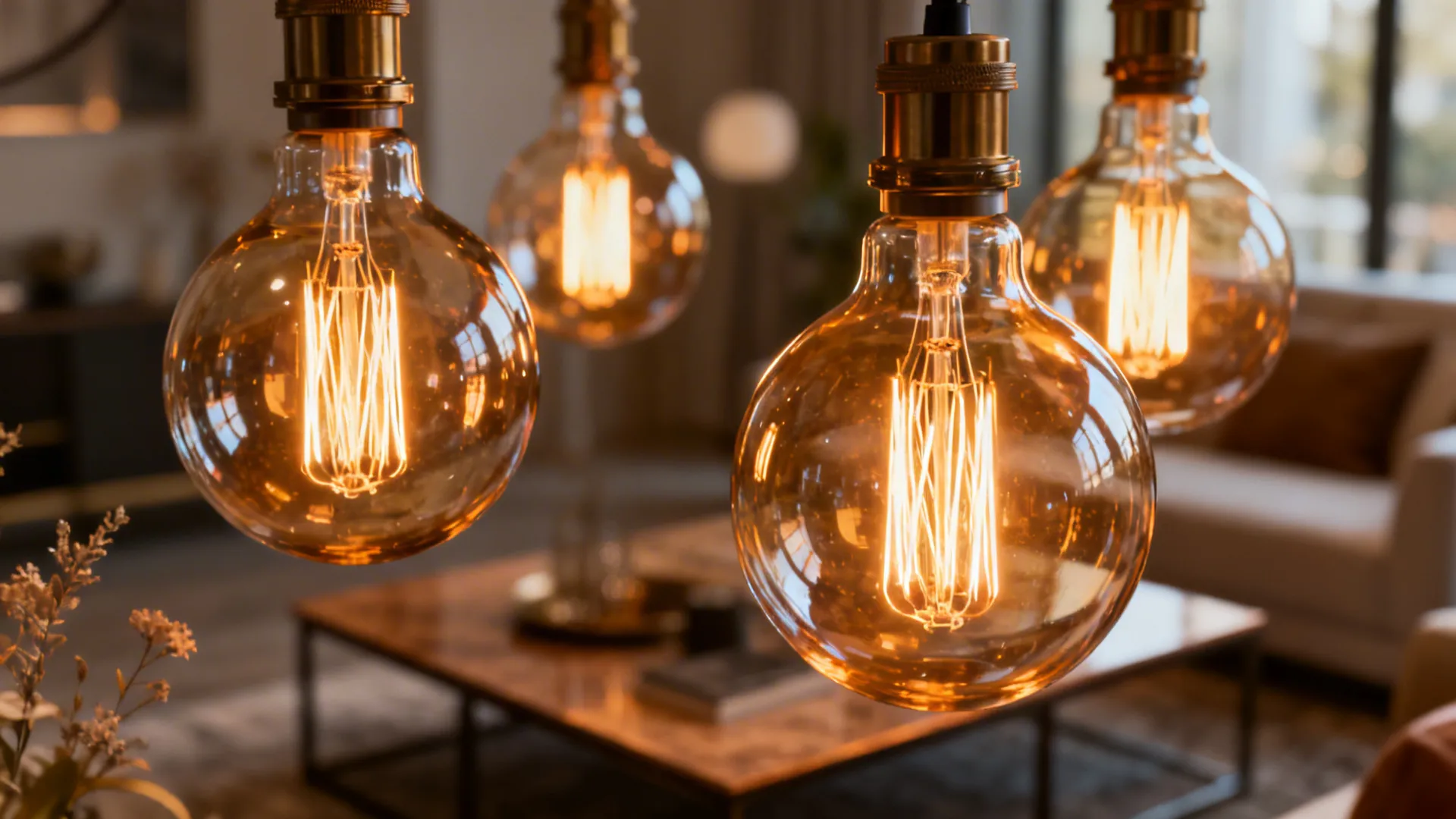 Exposed LED filament bulbs in glass pendants glowing over a coffee table