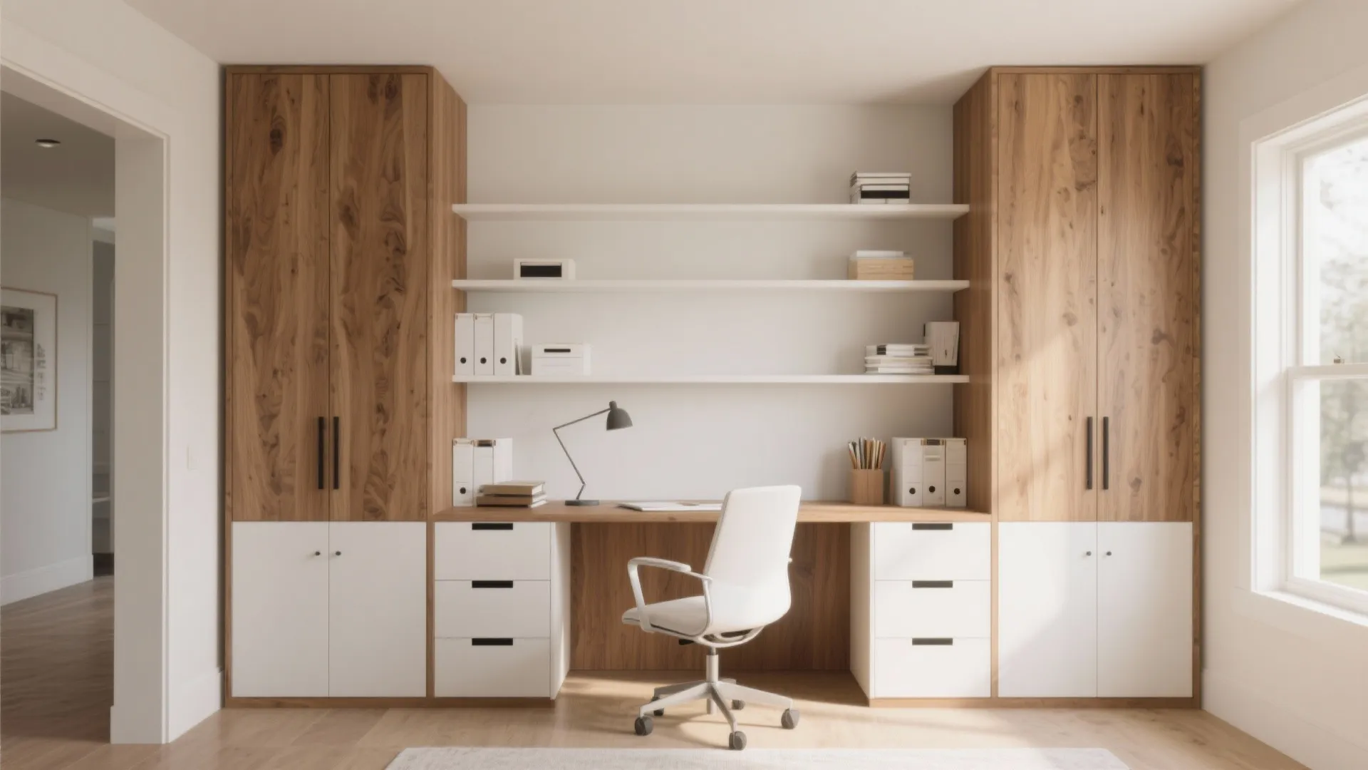 Vertical file drawer towers in built-in home office furniture