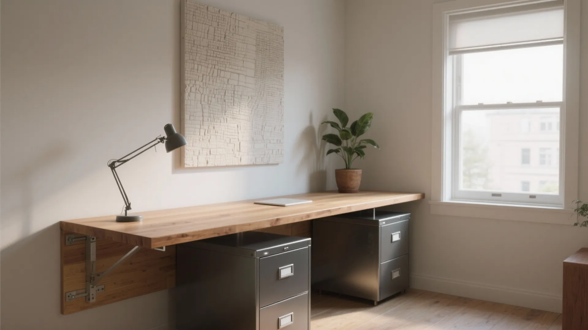 Long wood desk with two metal cabinets black lamp green plant and window in home office