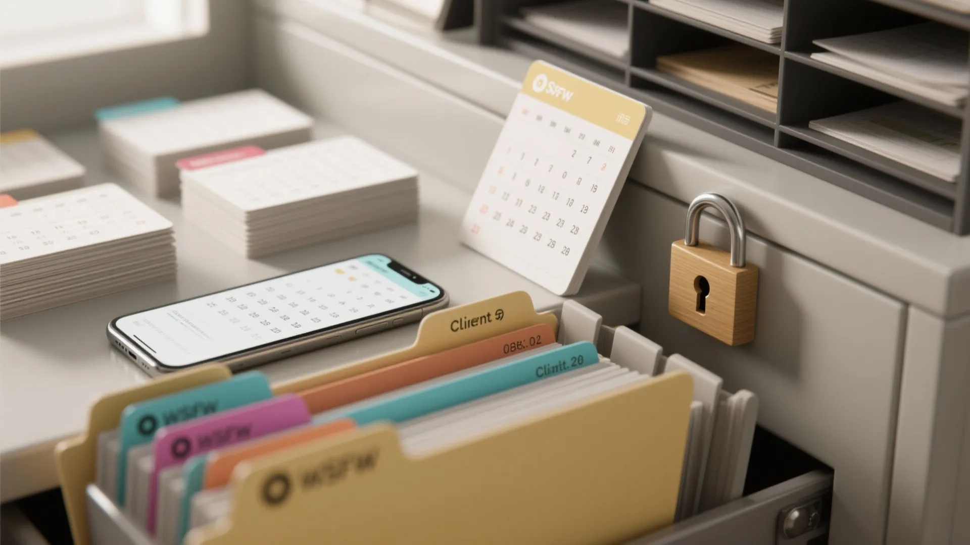 Desk with smartphone calendar colorful file folders and a small wooden lock on a grey cabinet