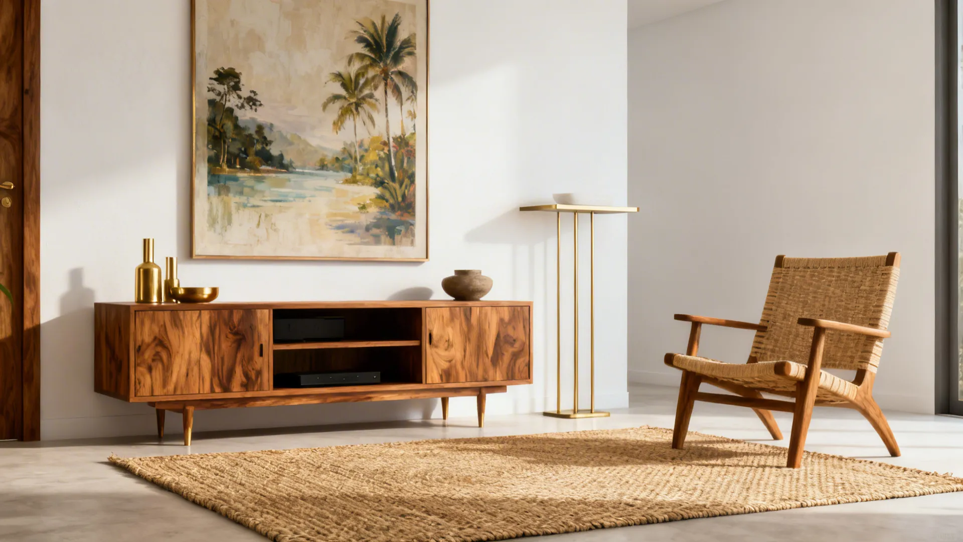 Living room with acacia console, solihiya chair, abaca rug, and a single large artwork.