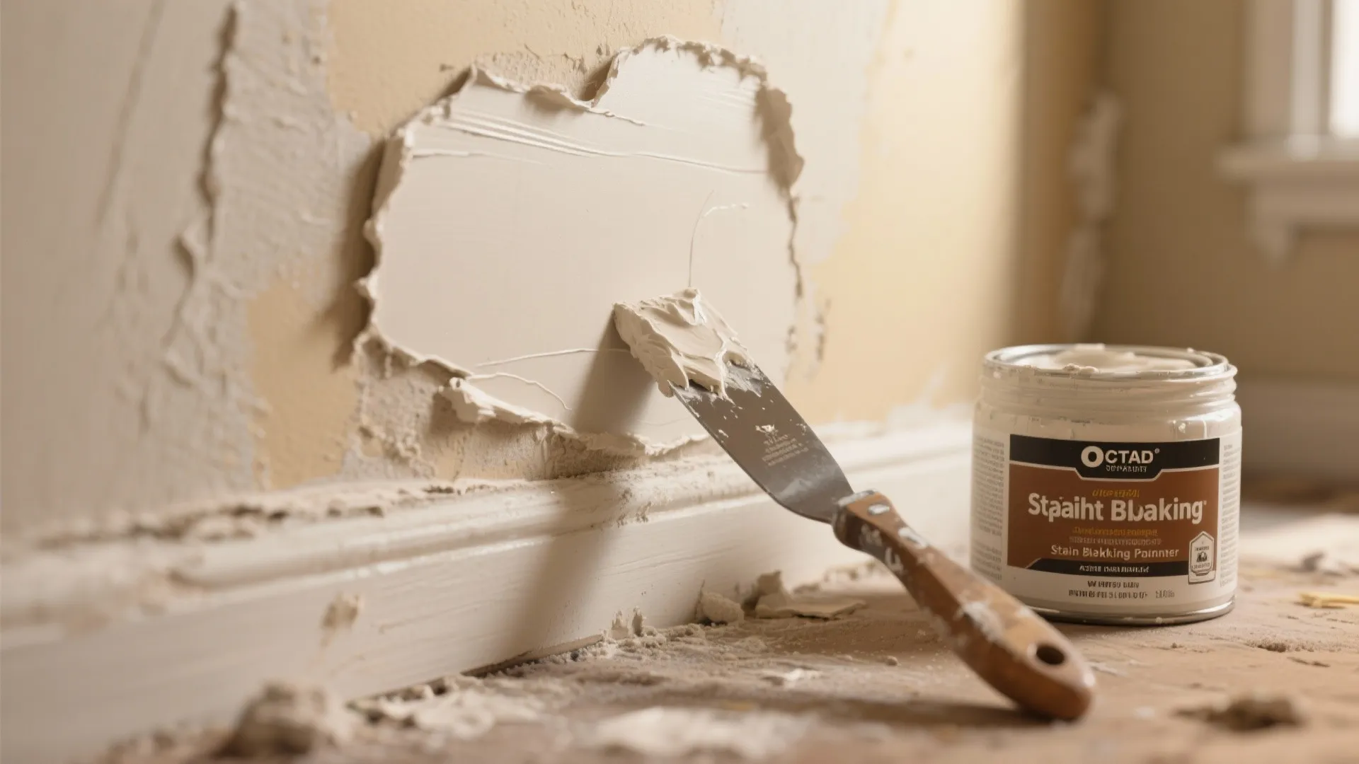 Using a small metal tool to apply white filler over a damaged wall near floor trim