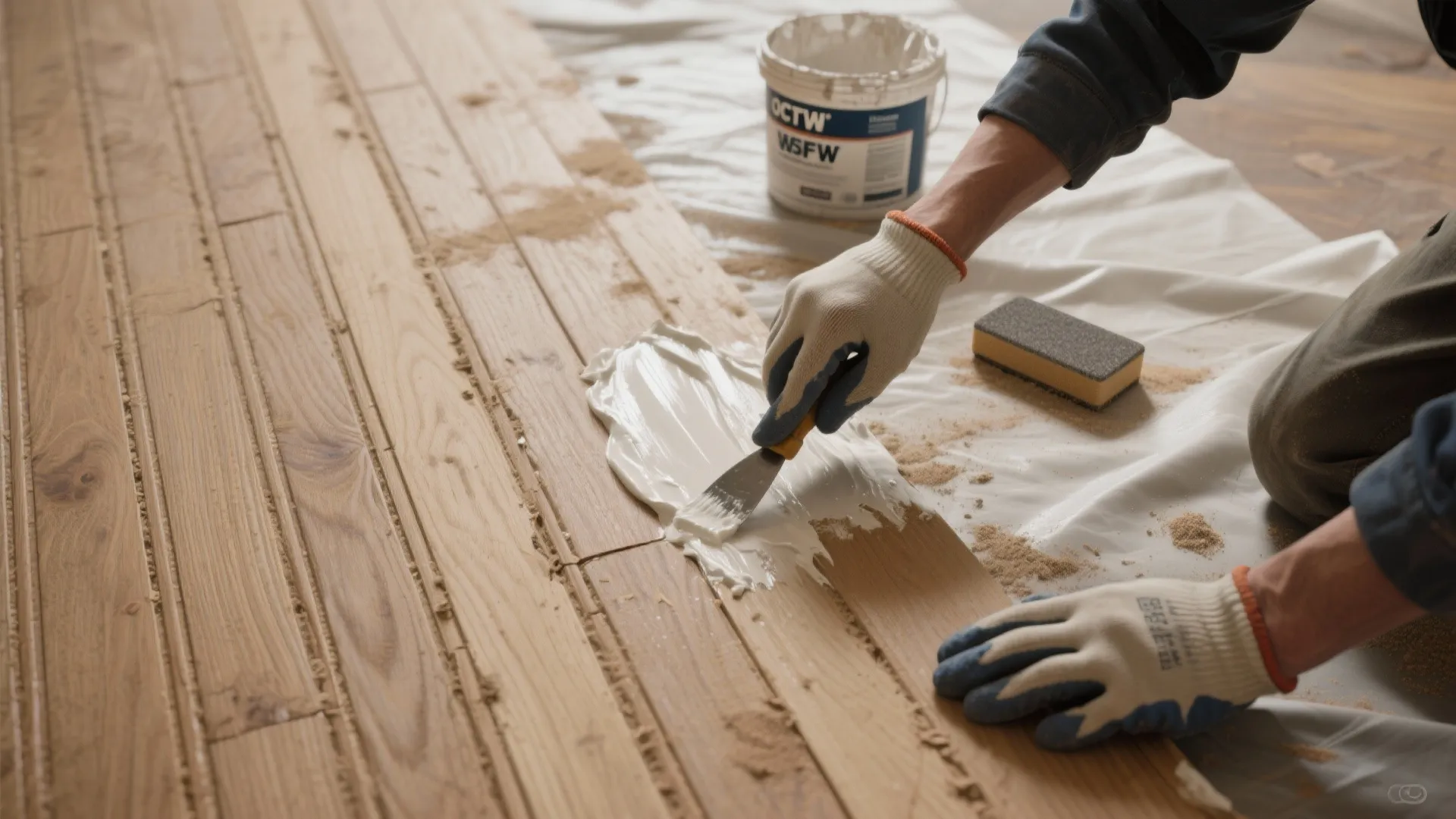 Top-down view of filling grooves in paneling with filler and joint compound before sanding and priming.